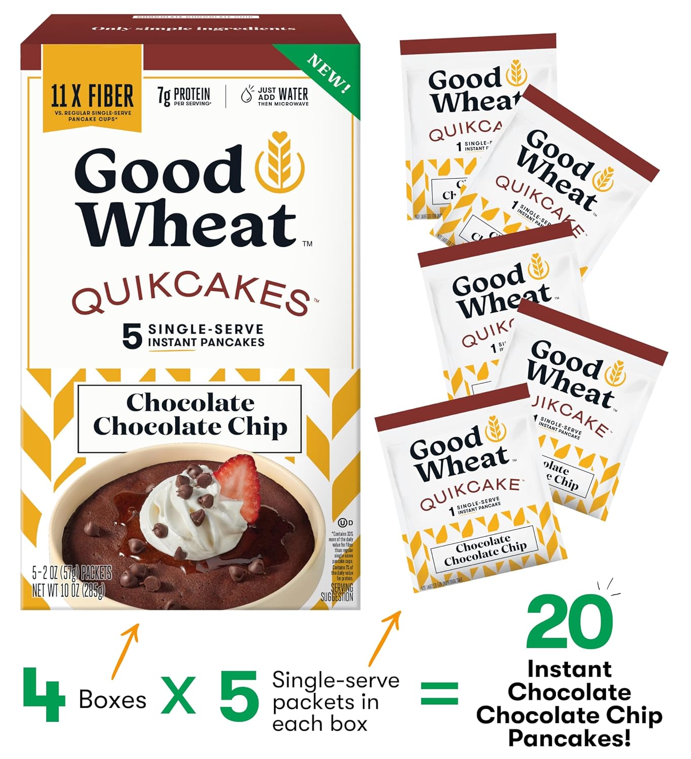 GoodWheat Panqueques instantáneos con chispas de chocolate  0.43 oz de fibra  0.27 oz de proteína  Mezcla para panqueques de una sola porción  Solo