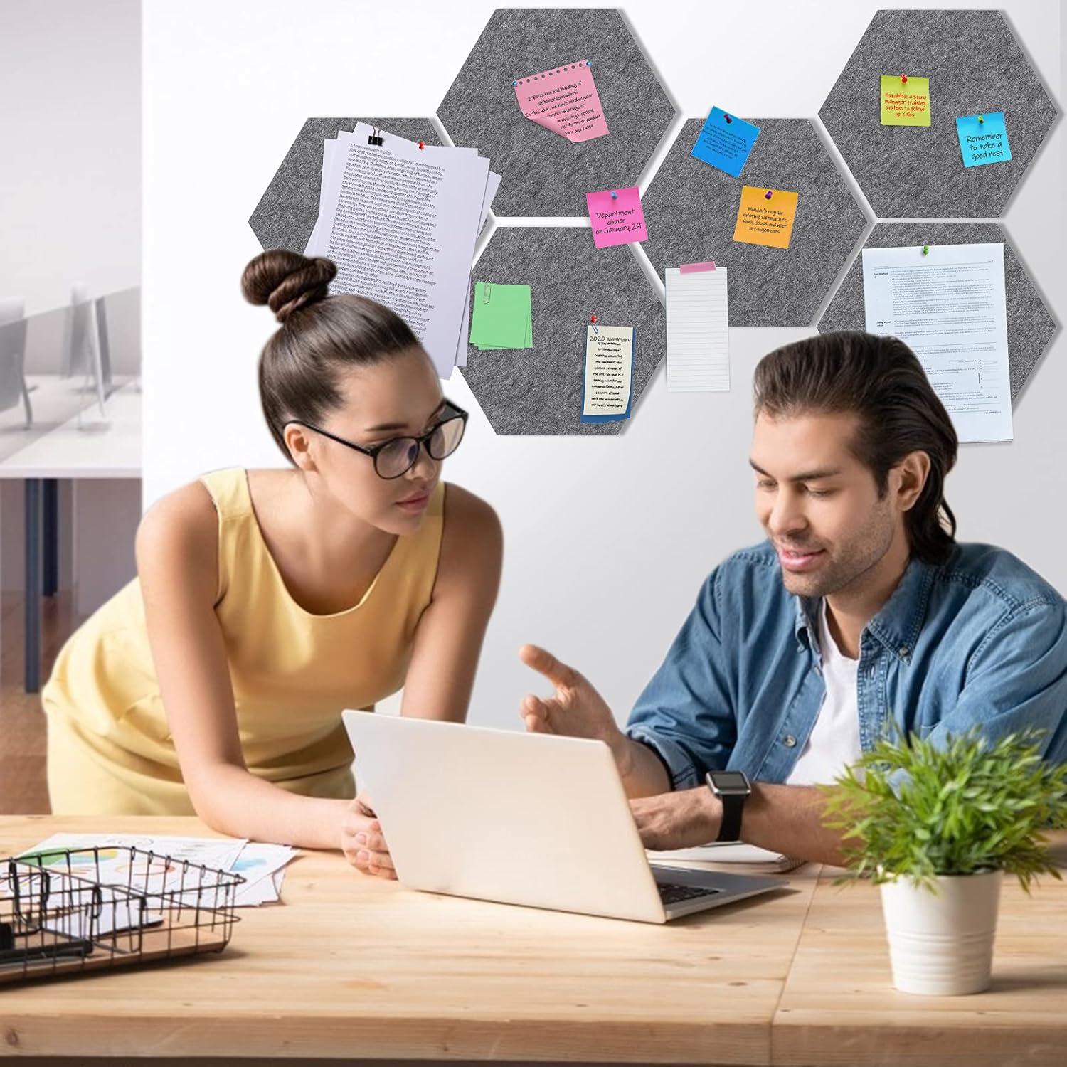 Tikea Tablones de anuncios de fieltro hexagonal, paquete de 6 tableros de notas autoadhesivos, para decoración de pared en el hogar, oficina, aula,