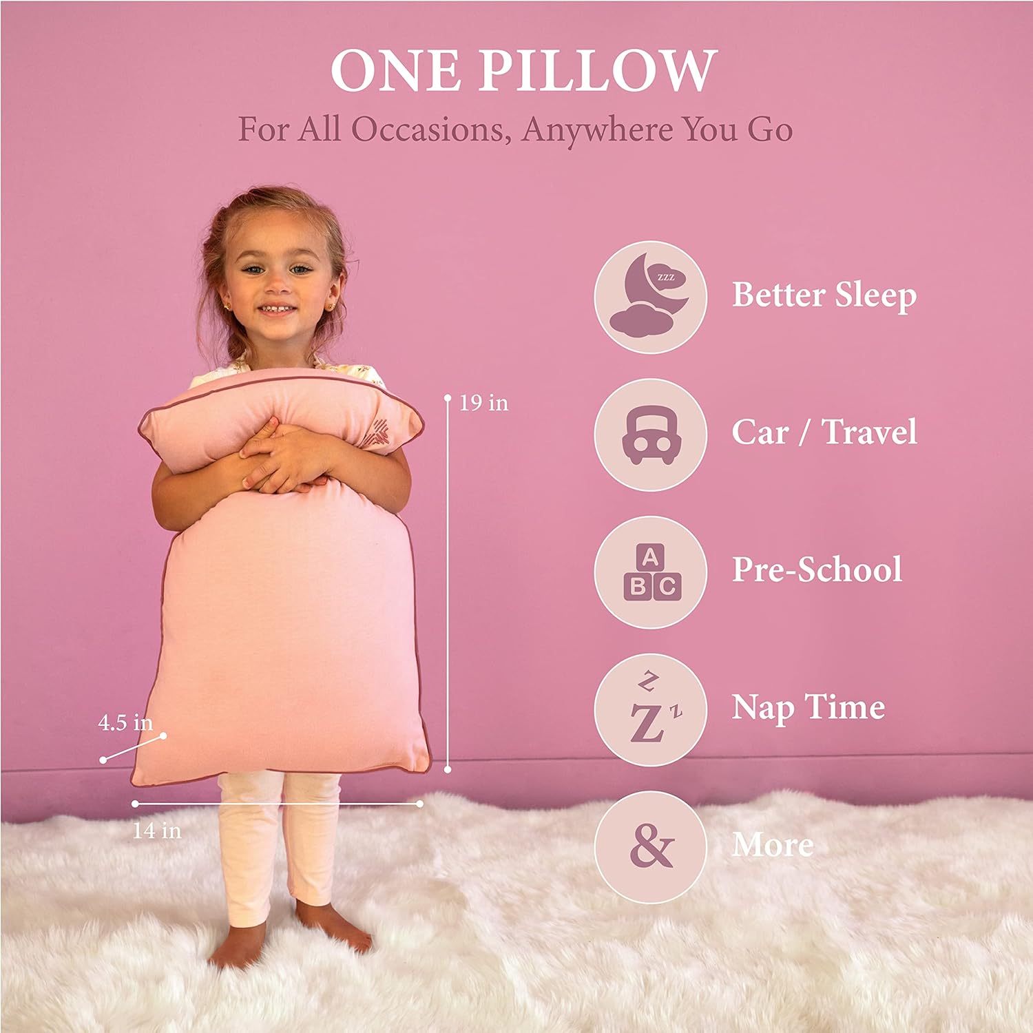 Pharmedoc Almohada para niños pequeños con funda de almohada, almohada Little Garoo de 14 x 19 pulgadas, almohadas de algodón orgánico rosa para