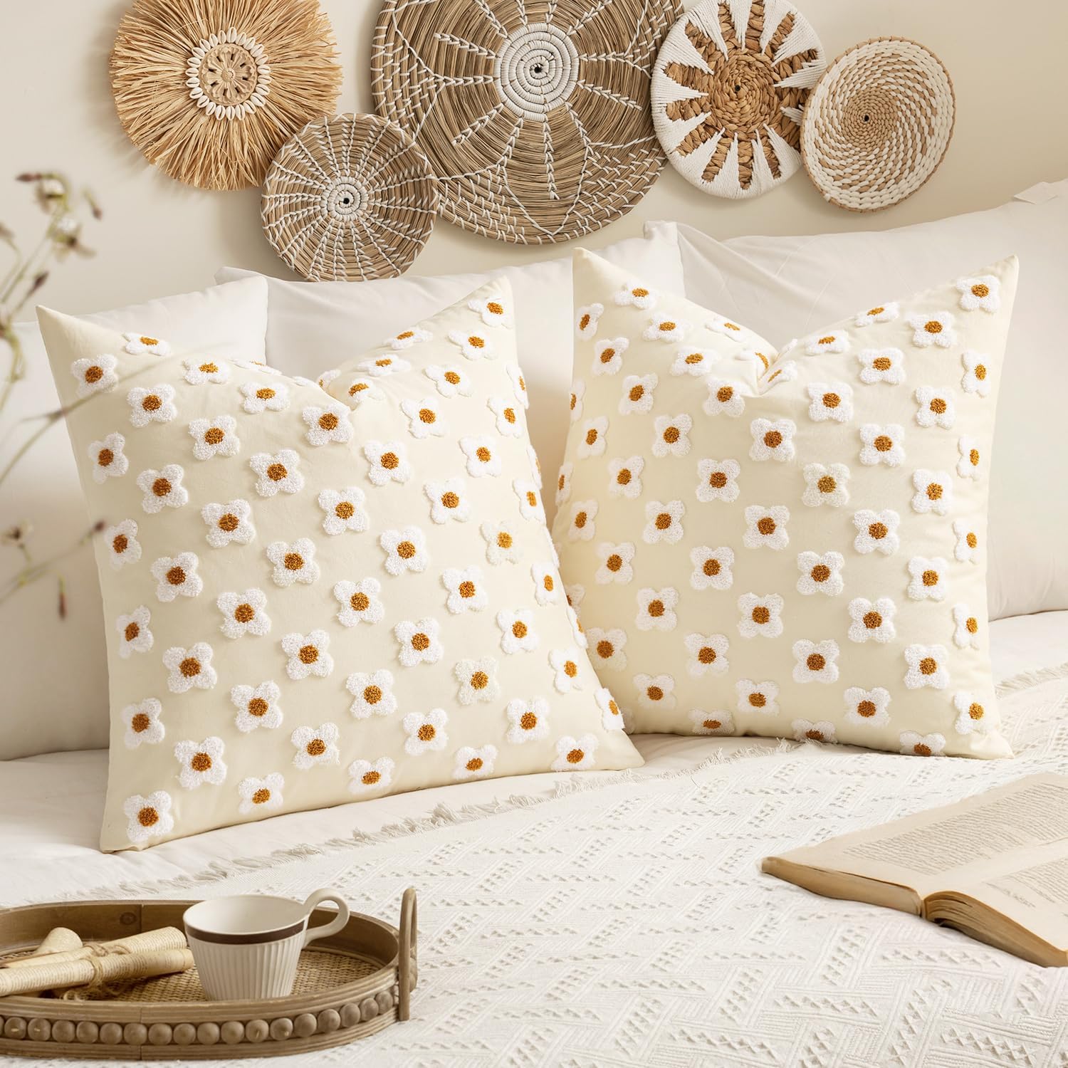 EMEMA Juego de 2 fundas de cojín decorativas de jacquard, diseño de margaritas y sol, flor, jacquard, para sofá, cama, sala de estar y dormitorio,