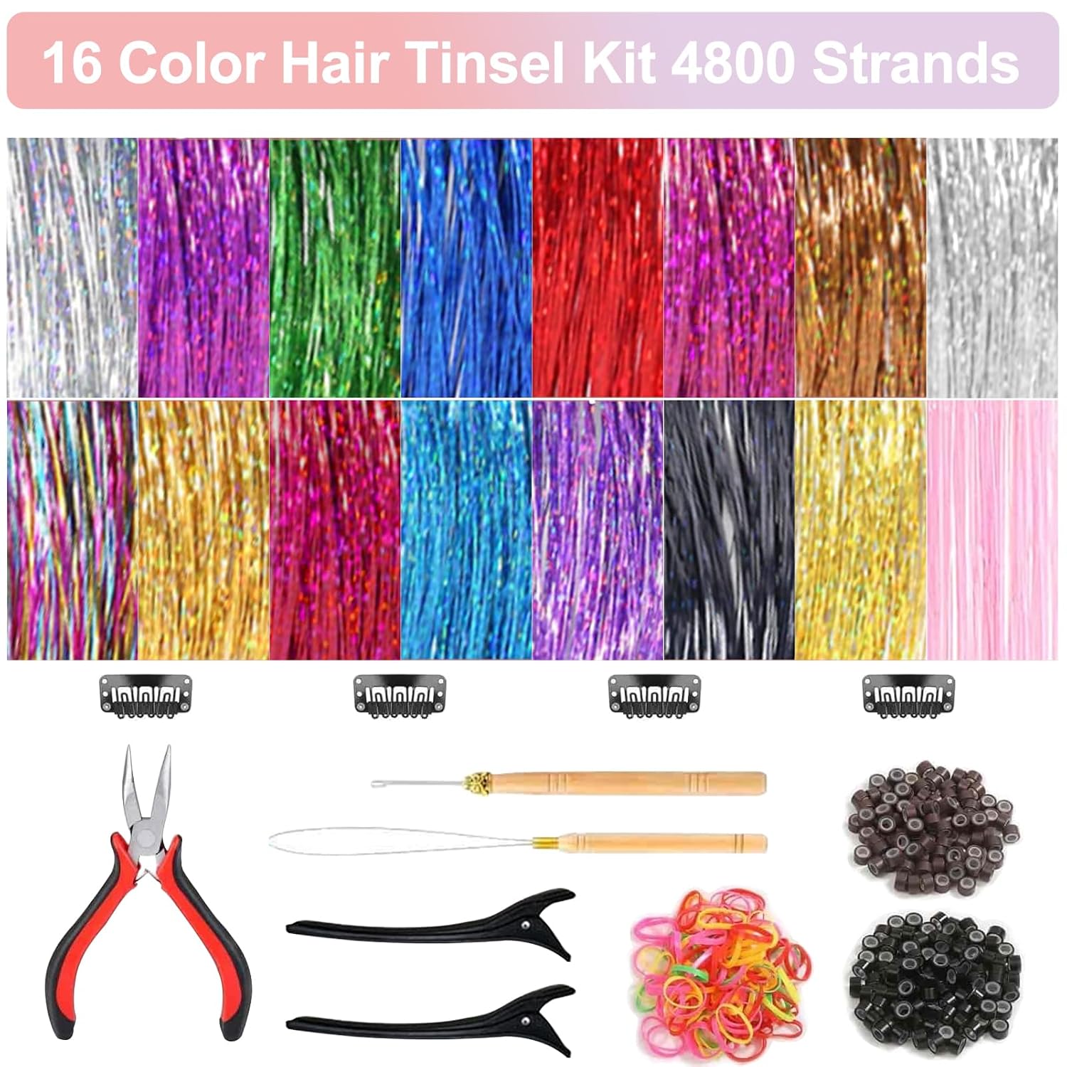 Kit de oropel para el cabello (48 pulgadas, 16 colores, 4800 hebras, 1 alicate, 2 pinzas para el cabello, 1 trío, 200 cuentas de anillo de