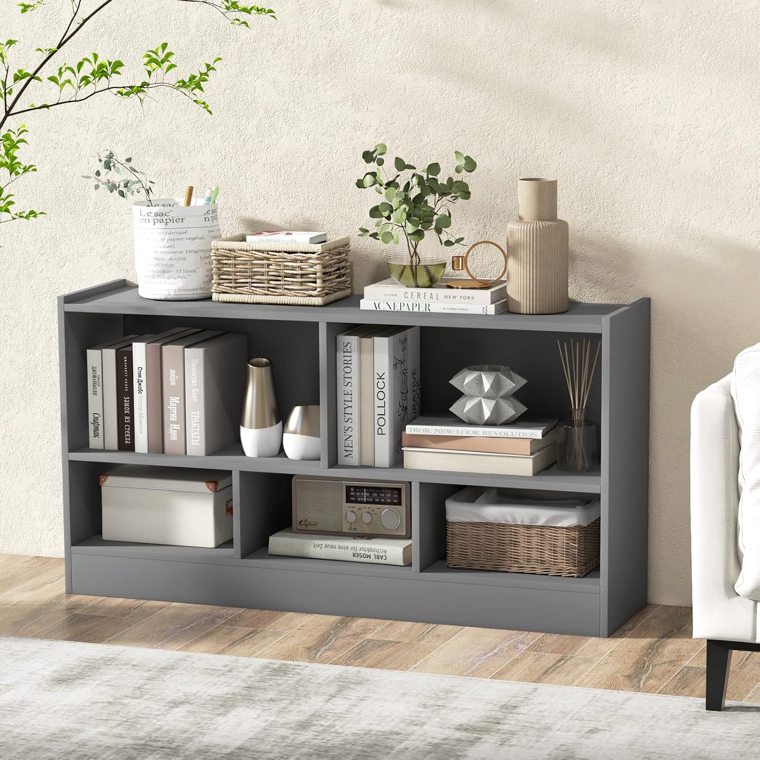 IFANNY – Estantería de 5 cubos, organizador de 2 niveles con compartimentos abiertos, estanterías y estanterías de madera, estantes de