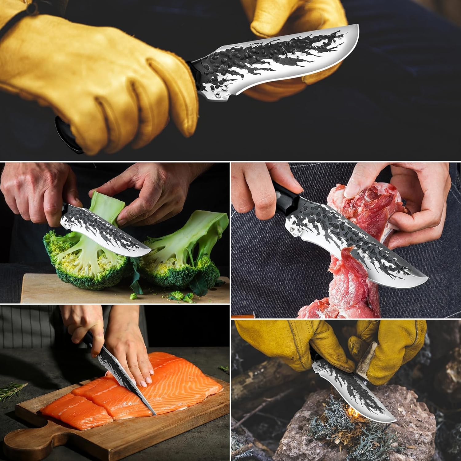 Cuchillo de hoja fija con funda, cuchillos de caza de hoja fija Forge, mango de madera antideslizante. Agujero para cordón, cuchillos para hombres,