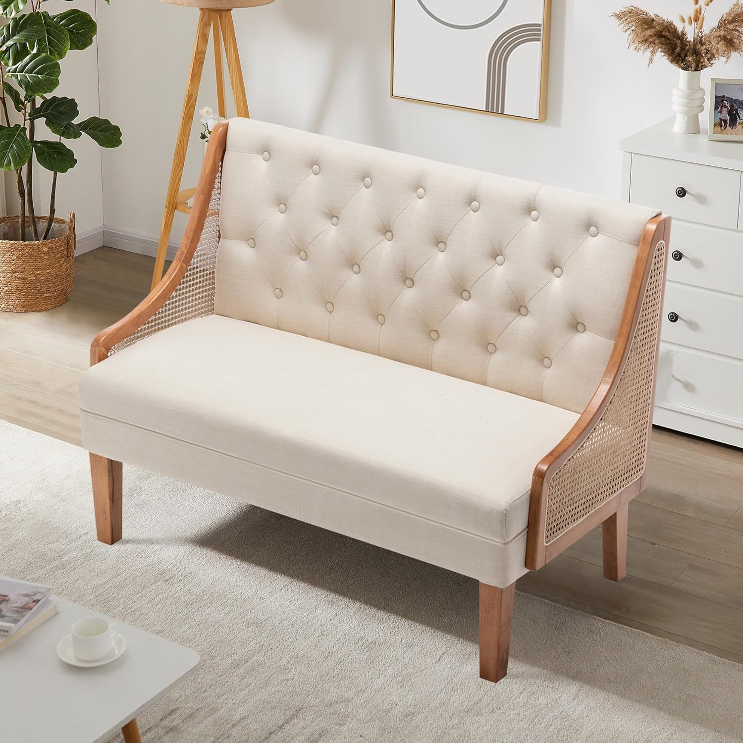 Yongqiang Sofá moderno con respaldo pequeño de dos plazas tapizado de ratán para cocina, comedor, sala de estar, mini sofá copetudo con botones de