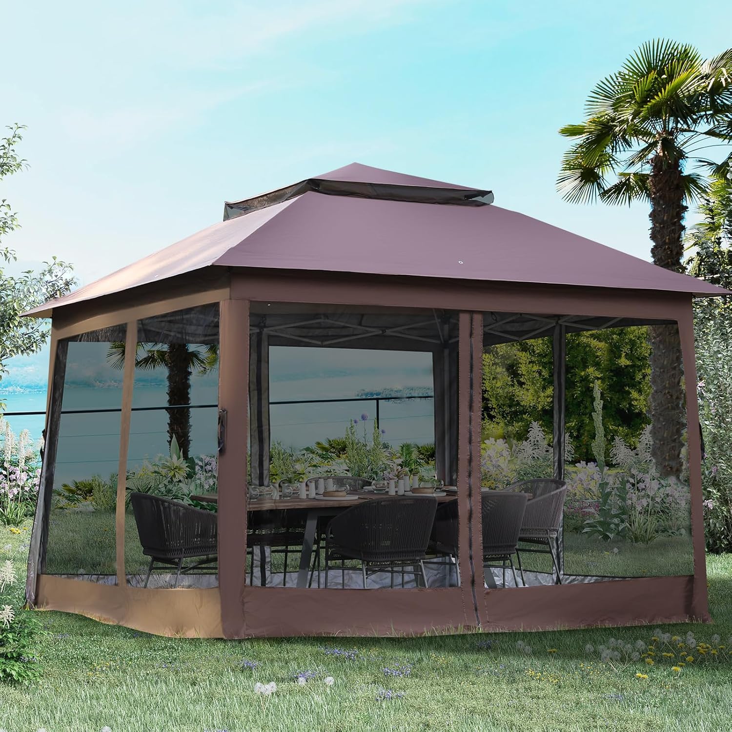 Carpa desplegable de 10 x 10 pies para exteriores, carpa de fiesta resistente con mosquitera para patio, jardín, patio y césped, color marrón