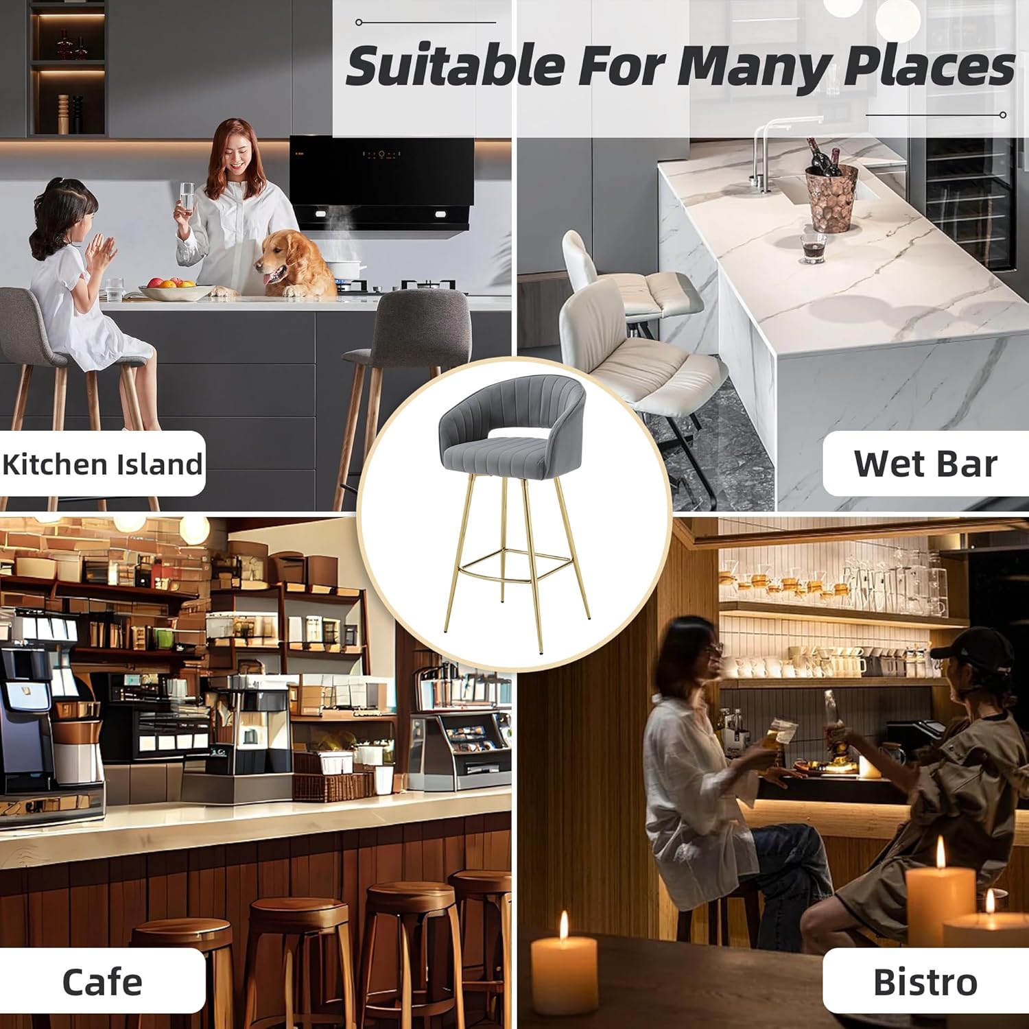 Westice Juego de 2 taburetes de bar, de terciopelo de 30 pulgadas de altura de asiento con respaldo y patas doradas, taburetes tapizados de altura