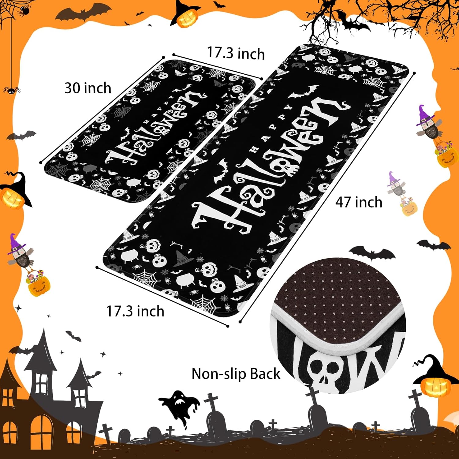 Yinhua Tapetes de cocina de Halloween para el piso, tapetes de cocina negros lavables, tapetes de cocina de gatos negros, juego de 2 alfombras y