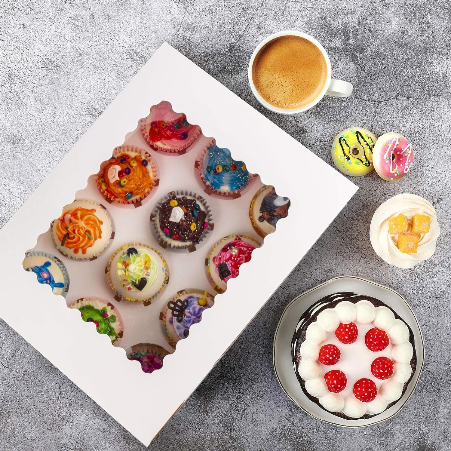 Rarapop Juego de 10 cajas para cupcakes, capacidad para 12 cupcakes estándar, no plegable de grado alimenticio, cajas de pastelería con ventanas e