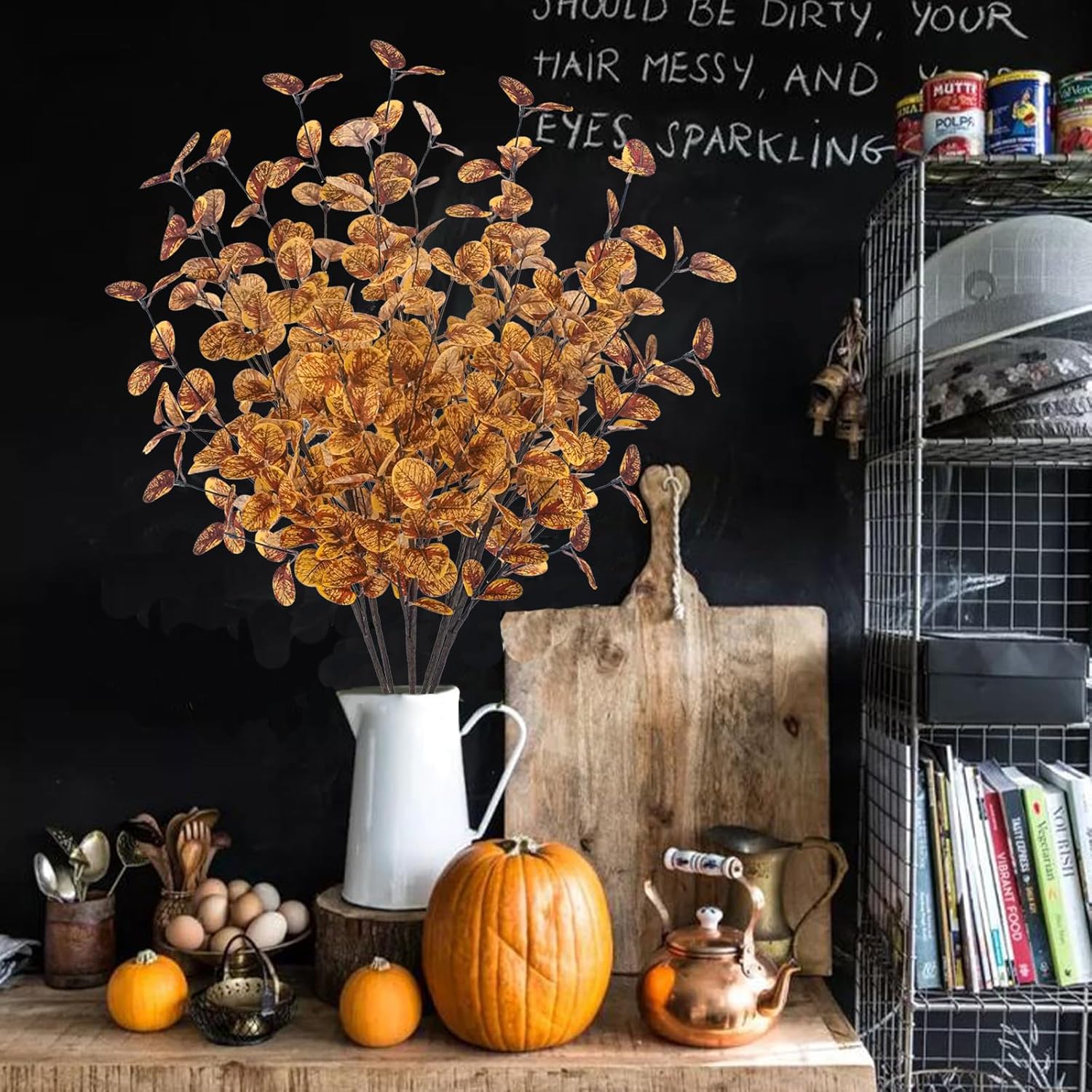 unlemoni 6 tallos de eucalipto artificiales de otoño, hojas de decoración de otoño, ramas de eucalipto falsas de seda para florero, boquets, otoño,