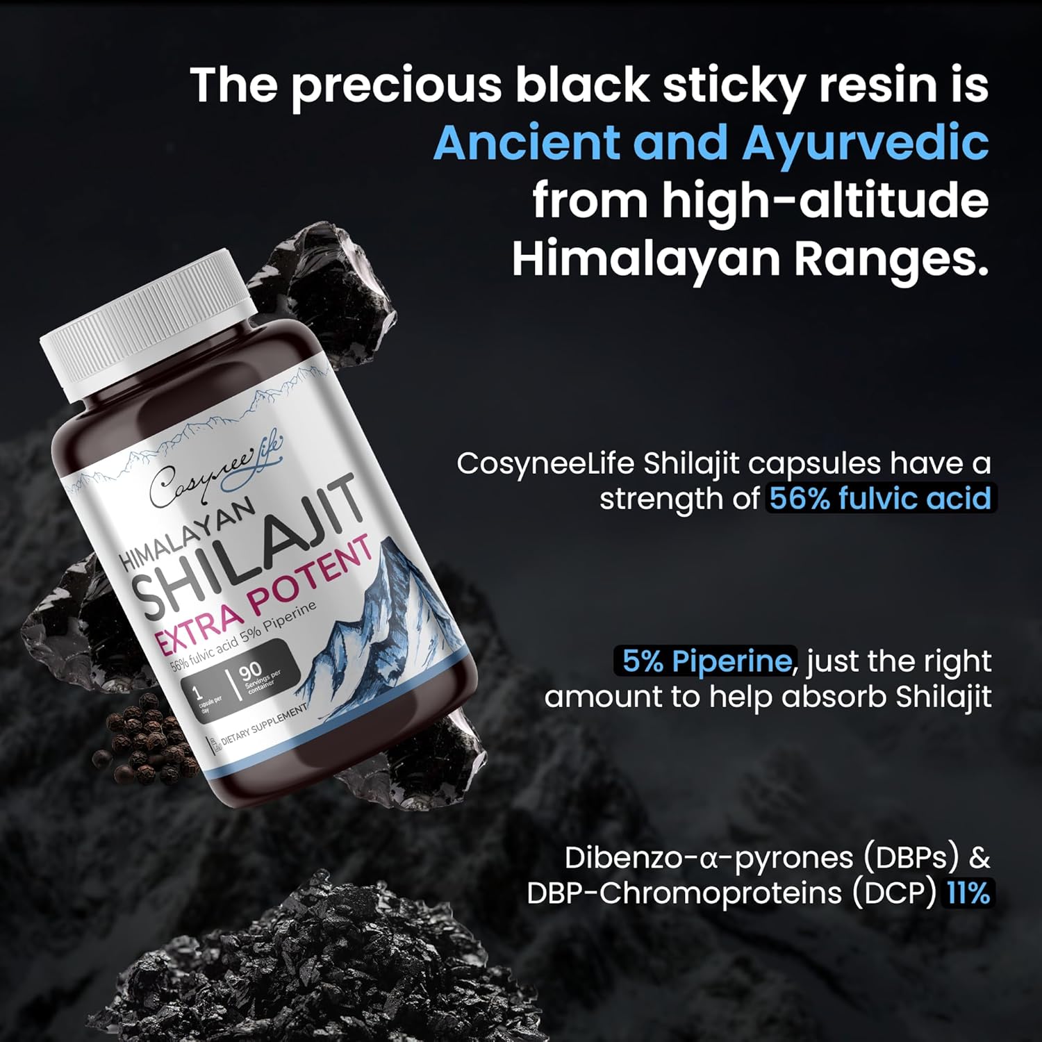 SHILAJIT – Himalaya puro, natural, orgánico, 90 unidades, 5% piperina, 56% ácido FULVIC para máxima potencia, más de 85 oligominerales, metabolismo,