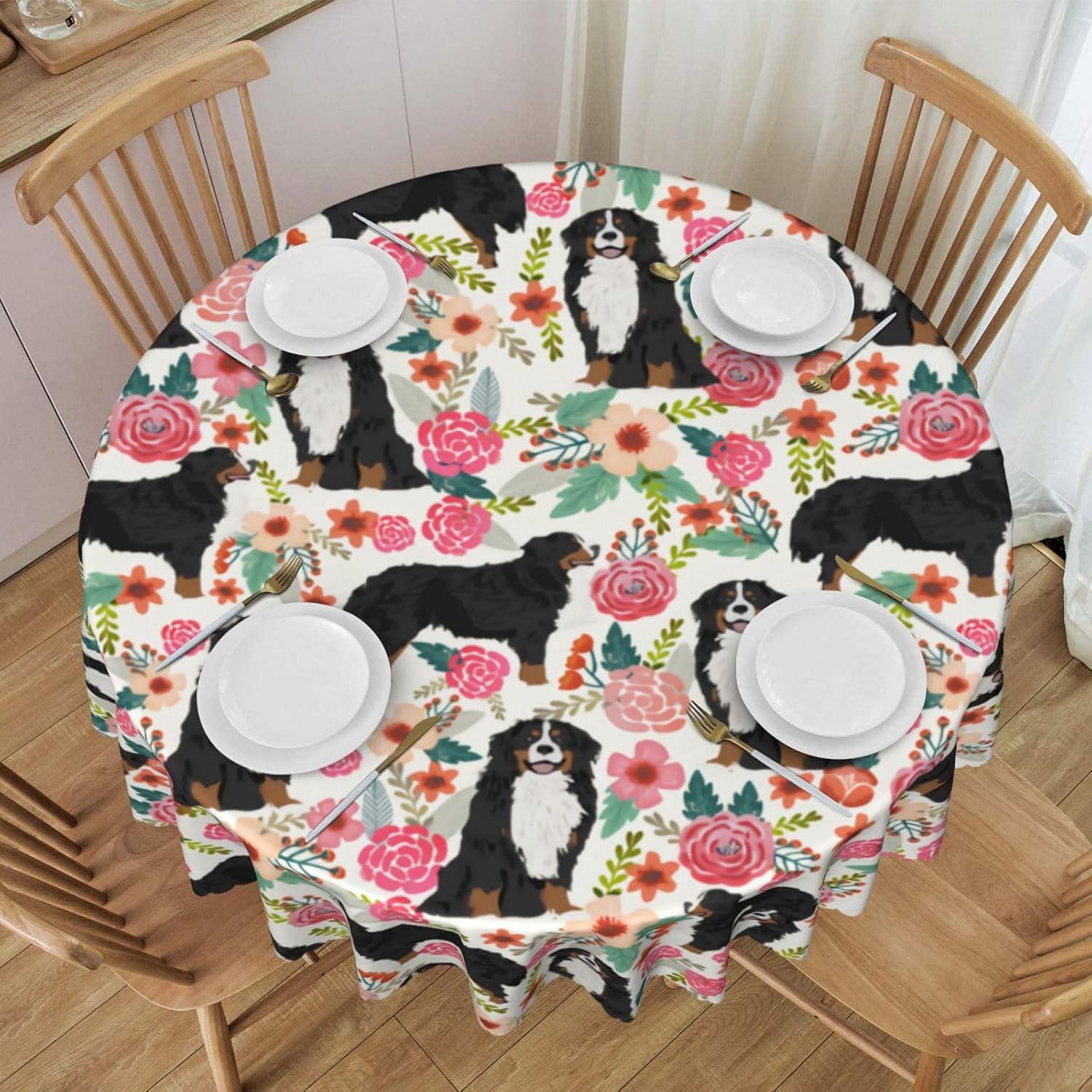 Bonito mantel con estampado floral de perro de montaña bernés con ribete de encaje, sin arrugas, para fiestas, cumpleaños, banquetes, cocina,