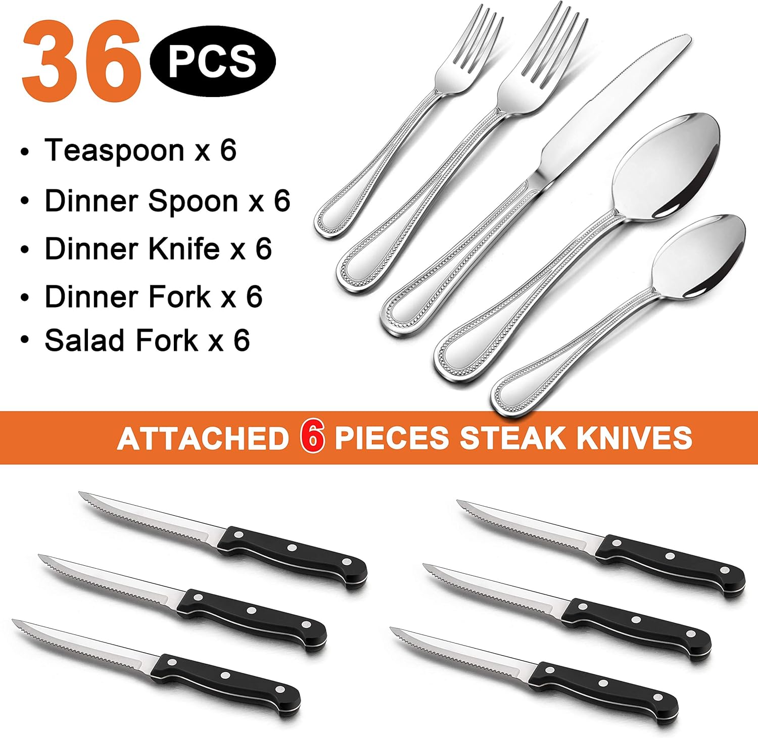 LIANYU Juego de cubiertos de 36 piezas con cuchillos para carne para 6, cubiertos de acero inoxidable para cocina, restaurante, hotel, utensilios de