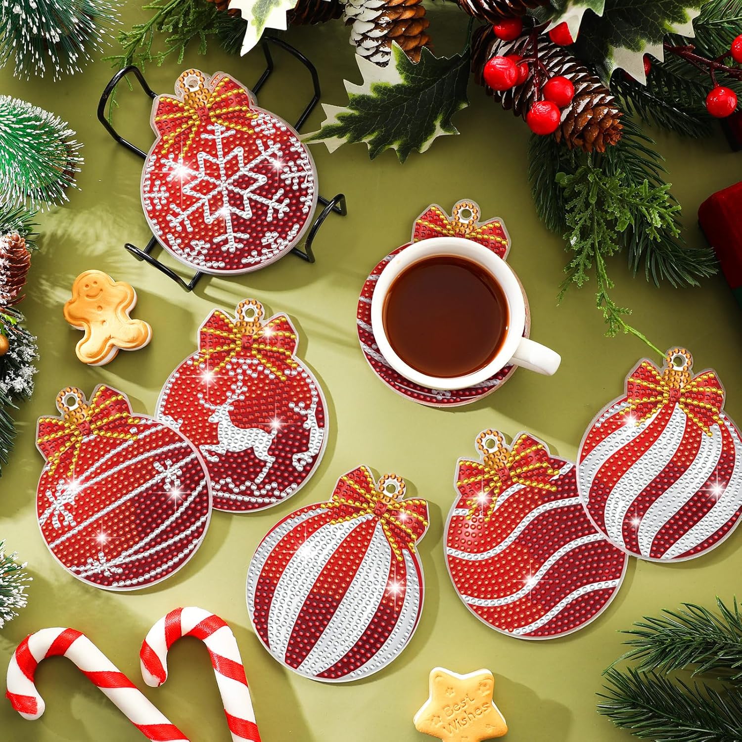 10 posavasos de bola de Navidad con diamantes para manualidades, bola de Navidad, pintura de diamante, posavasos de diamante 5D, posavasos de