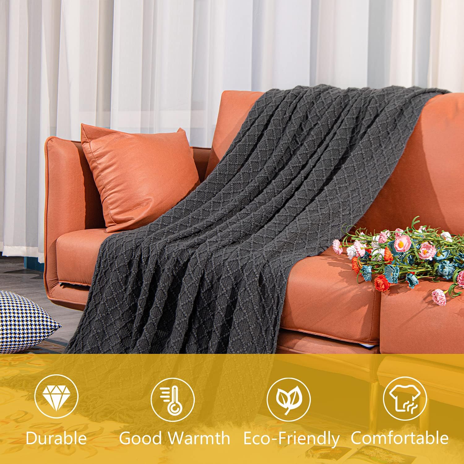 NTBAY Manta de punto acrílico de gran tamaño de 60 x 80 pulgadas, ligera y suave, acogedora manta tejida decorativa con borlas para viajes, sofá,