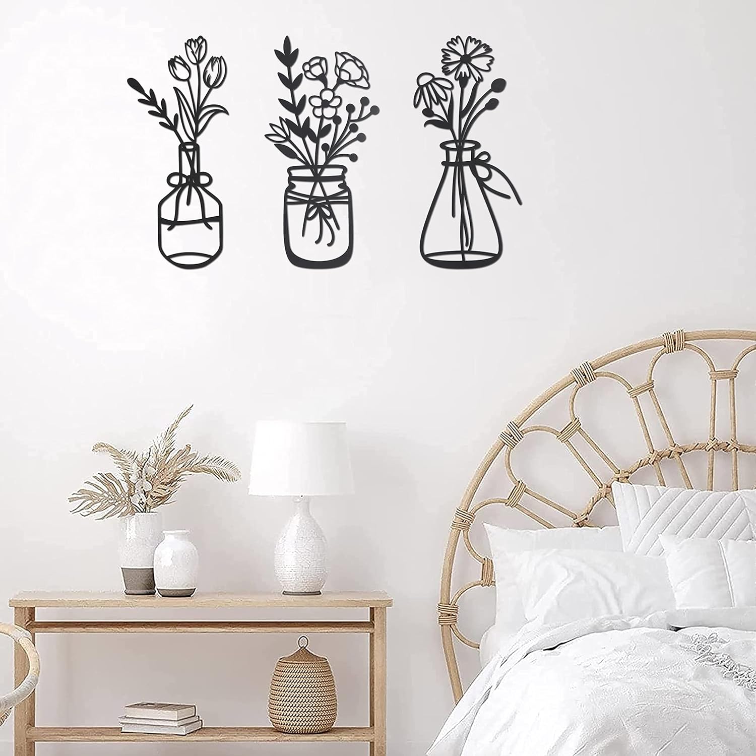 COLLECTIVE HOME – Arte de pared de metal, decoración de flores de pared, florero de 3 piezas, letrero floral de decoración de hierro, alambre de