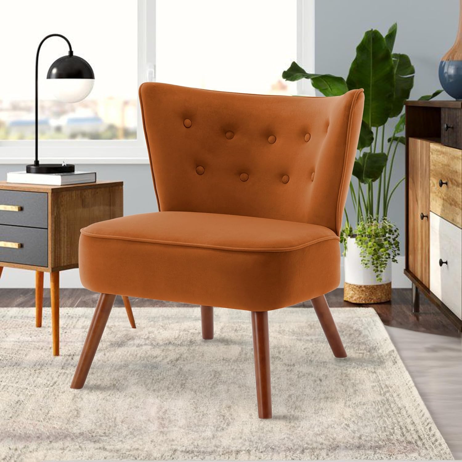 RUOVU Silla decorativa de terciopelo moderna de mediados de siglo, silla de sala de estar sin brazos con patas de madera, silla de club con respaldo