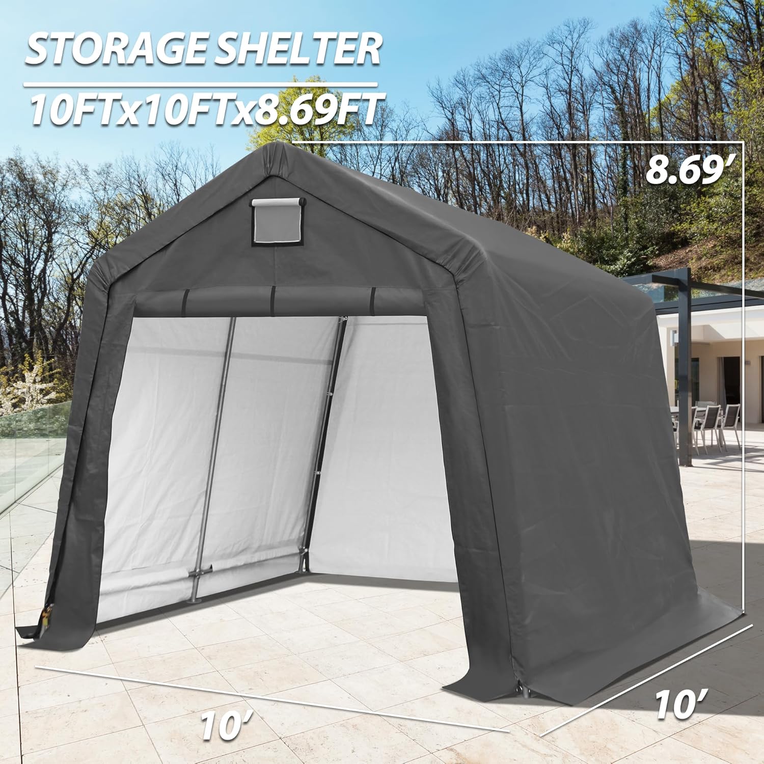 Raysfung Cobertizo de almacenamiento al aire libre de 10 x 10 pies, cobertizo de almacenamiento portátil resistente con puerta enrollable con