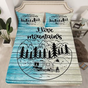 Camper Decor Sábanas de cama Happy Camping, sábana bajera ajustable de campamento con juego de cama de montaña, juego de cama de verano para Camper Decor Sábanas de cama Happy Camping, sábana bajera ajustable de campamento con juego de cama de montaña, juego de cama de verano para