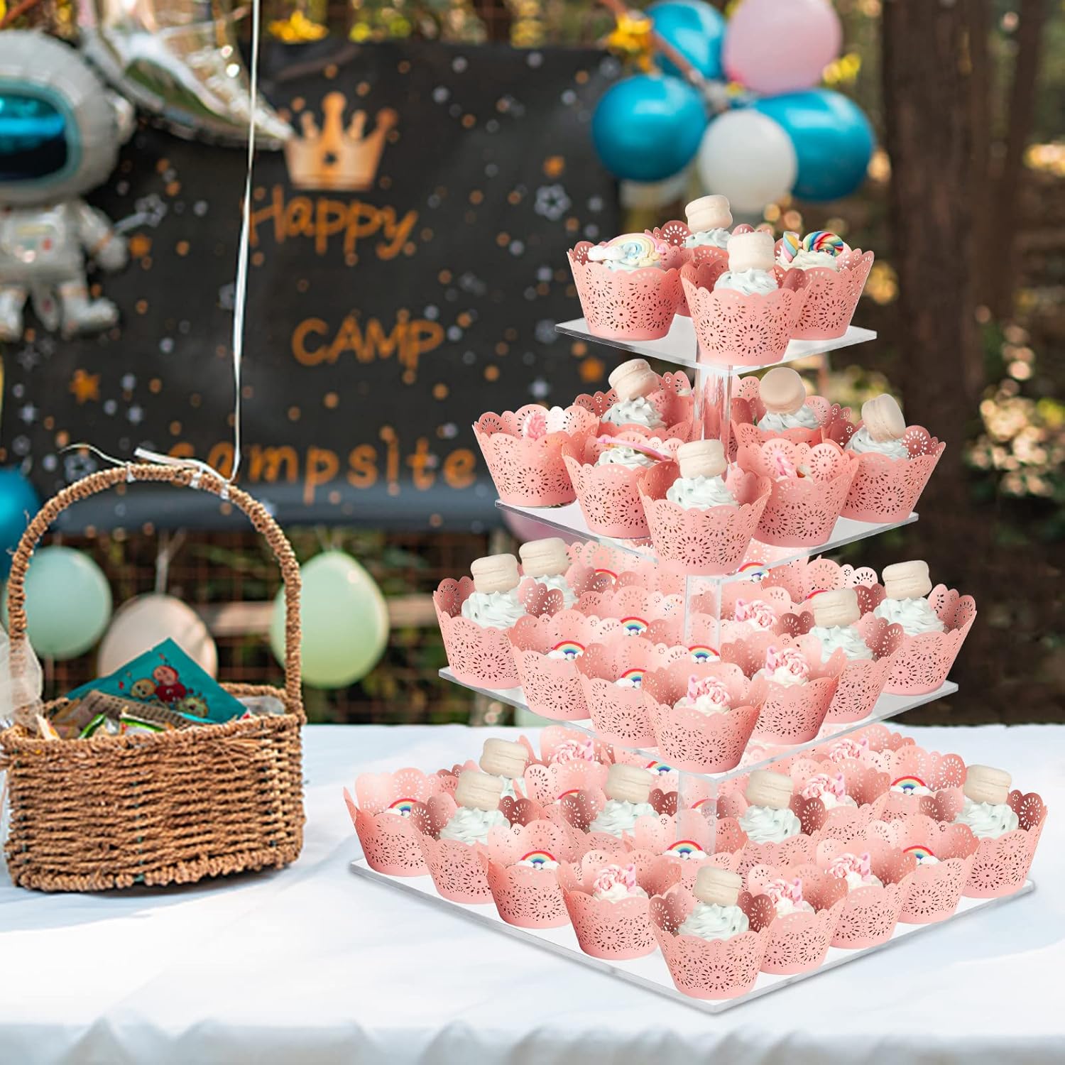 Soporte para cupcakes, soporte cuadrado de acrílico de 4 niveles, torre transparente de pastelería de postres para bodas, cumpleaños, fiestas