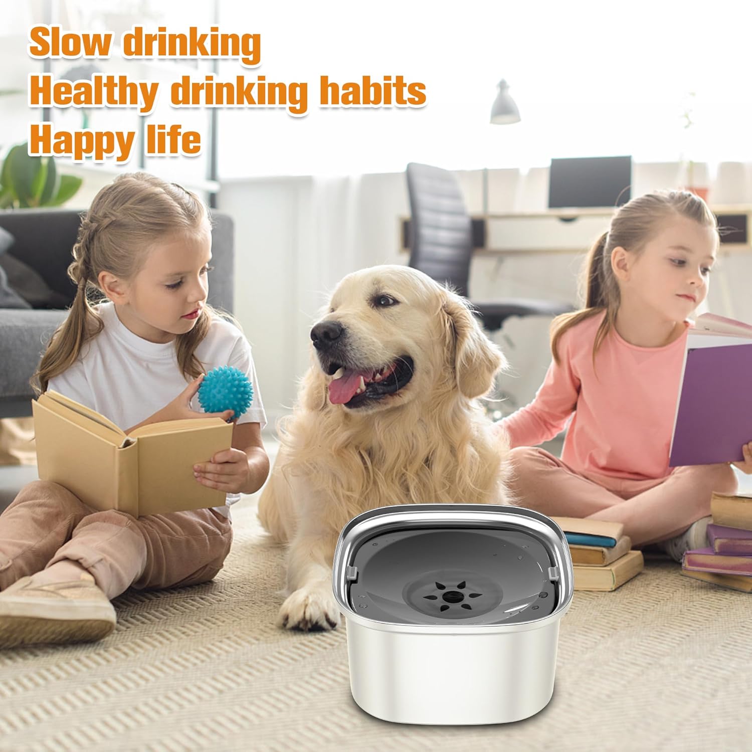 Decflow Cuenco de agua para perros de 3 litros de acero inoxidable con tapa, cuenco de agua antiderrames para perros grandes, a prueba de