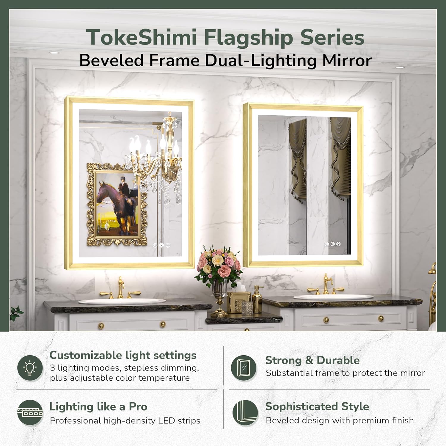 TokeShimi Espejo de tocador de baño LED de 24 x 32 pulgadas con marco dorado retroiluminado y frontal iluminado de aluminio rectangular con borde