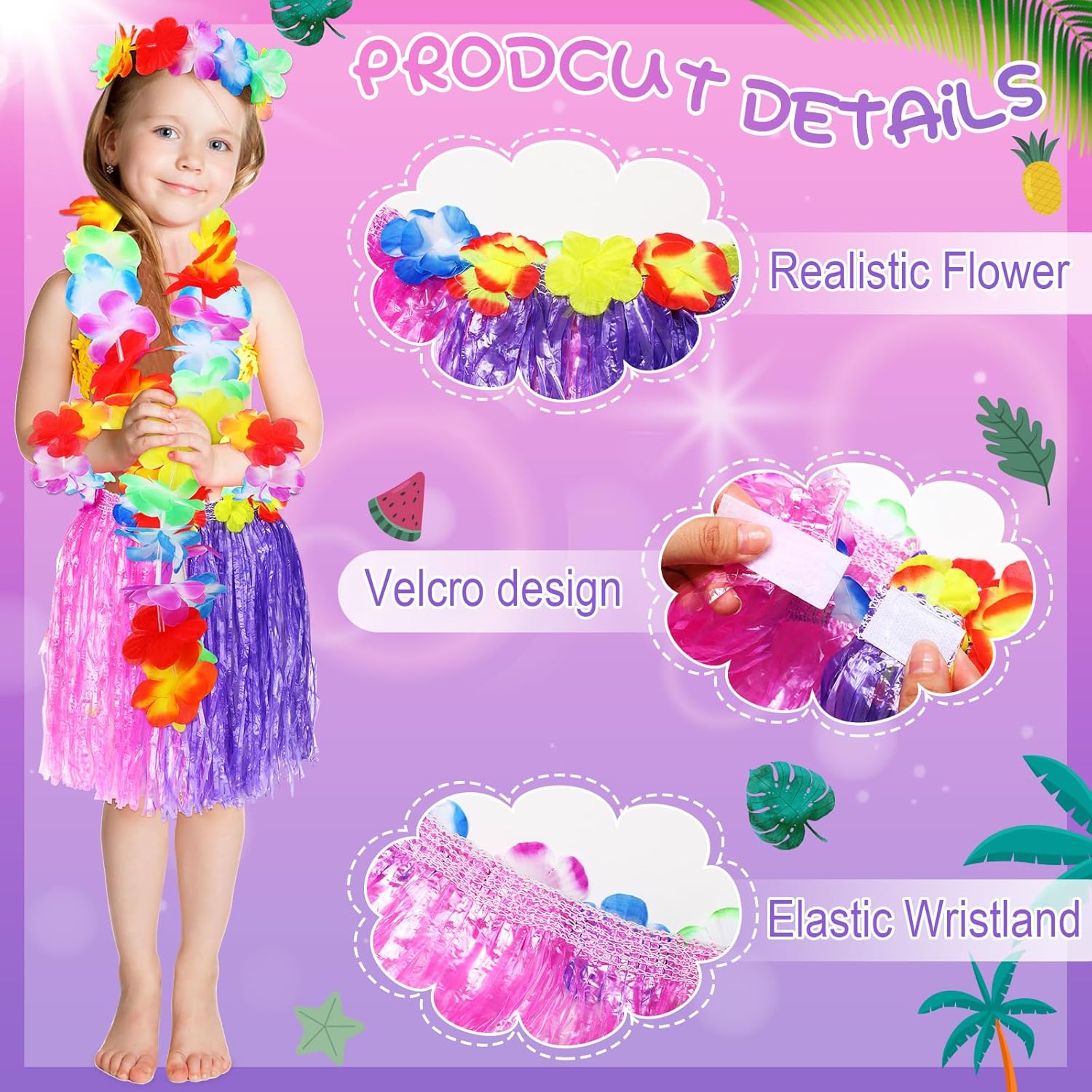 12 juegos de falda elástica de hierba de bailarina hula hawaiana Luau hierba faldas de flores conjunto de disfraz para niños fiesta Luau