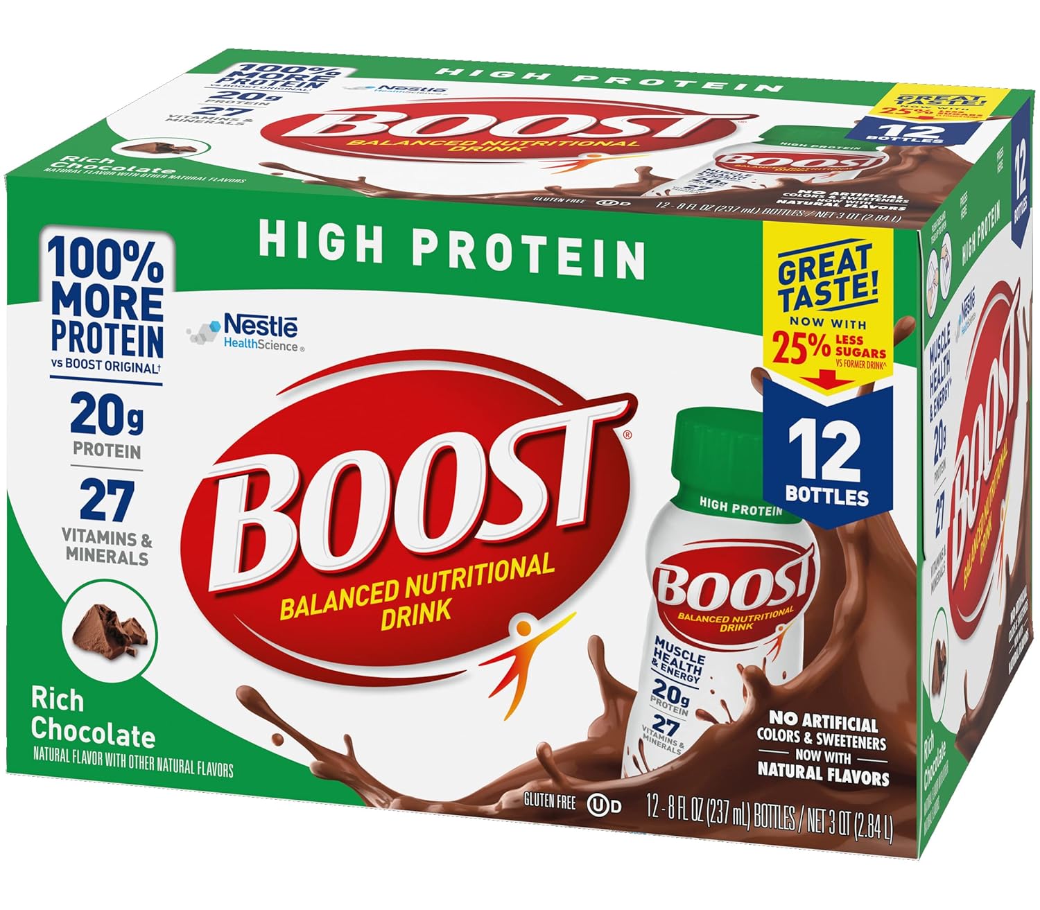 Boost Bebida rica en proteínas de chocolate, 8 onzas líquidas, 12 por paquete, 2 paquetes por caja.