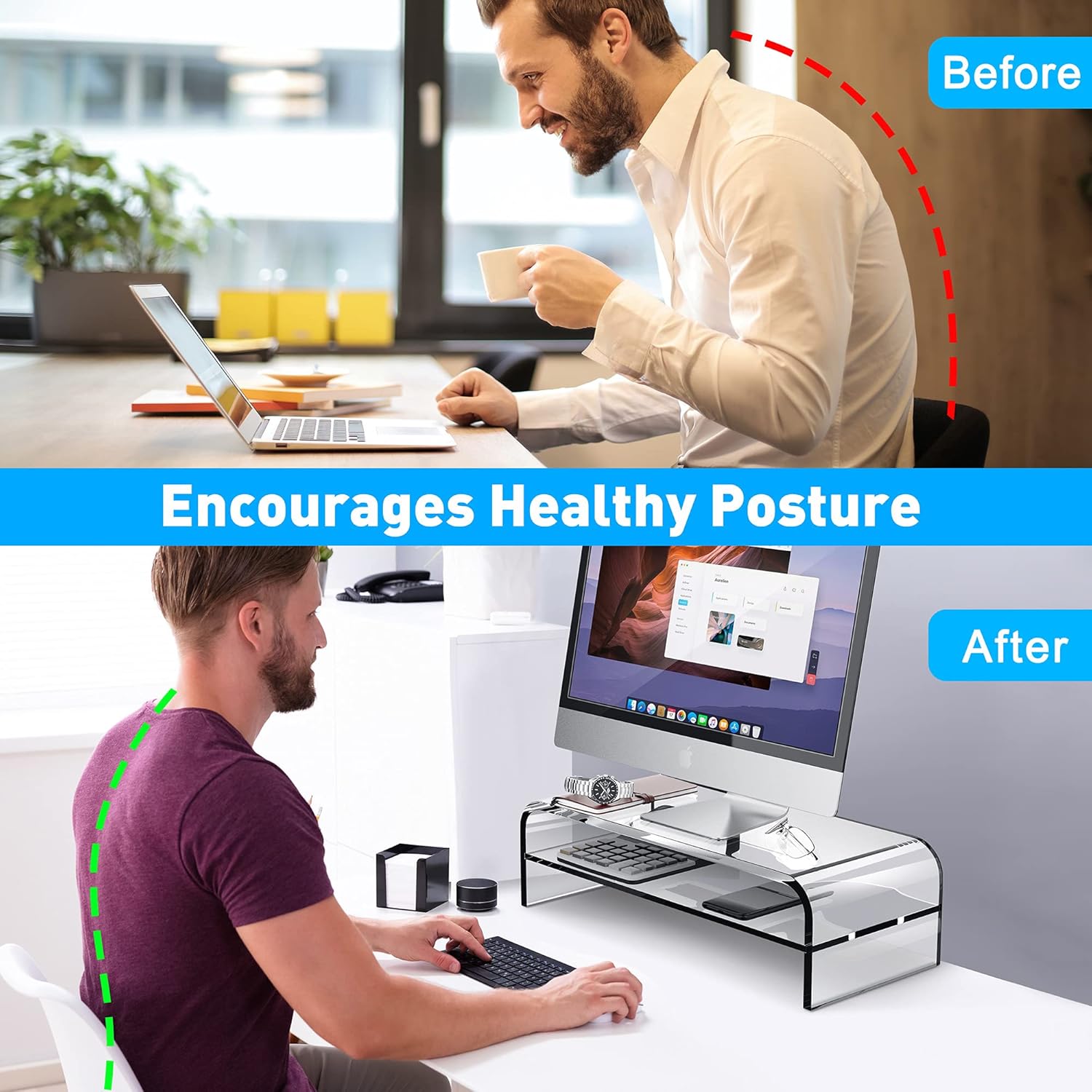 AboveTEK Soporte de monitor acrílico de 2 niveles, elevador de computadora para oficina en casa, elevador de monitor transparente para