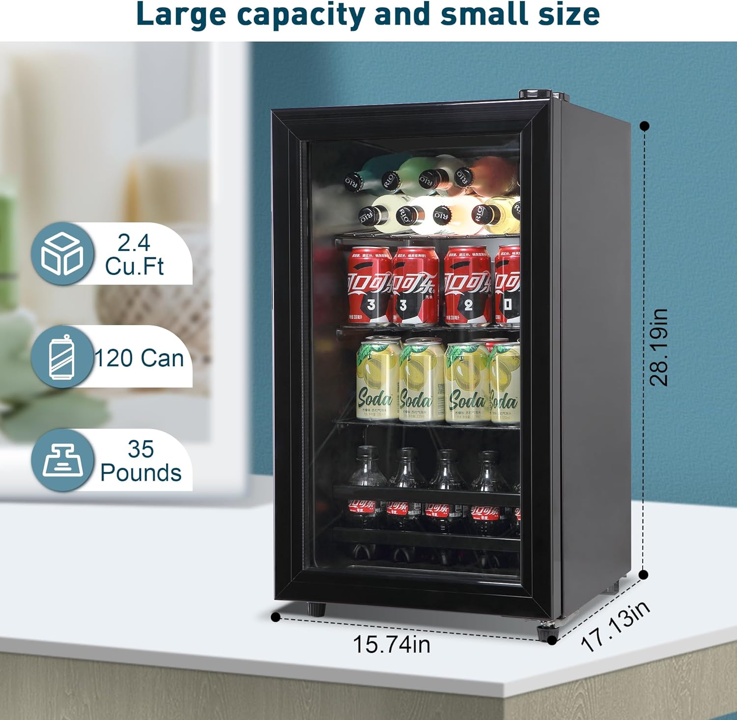 Tymyp Refrigerador de bebidas, mini refrigerador de 120 latas, refrigerador de vino con estantería ajustable y puerta de vidrio para cerveza de soda