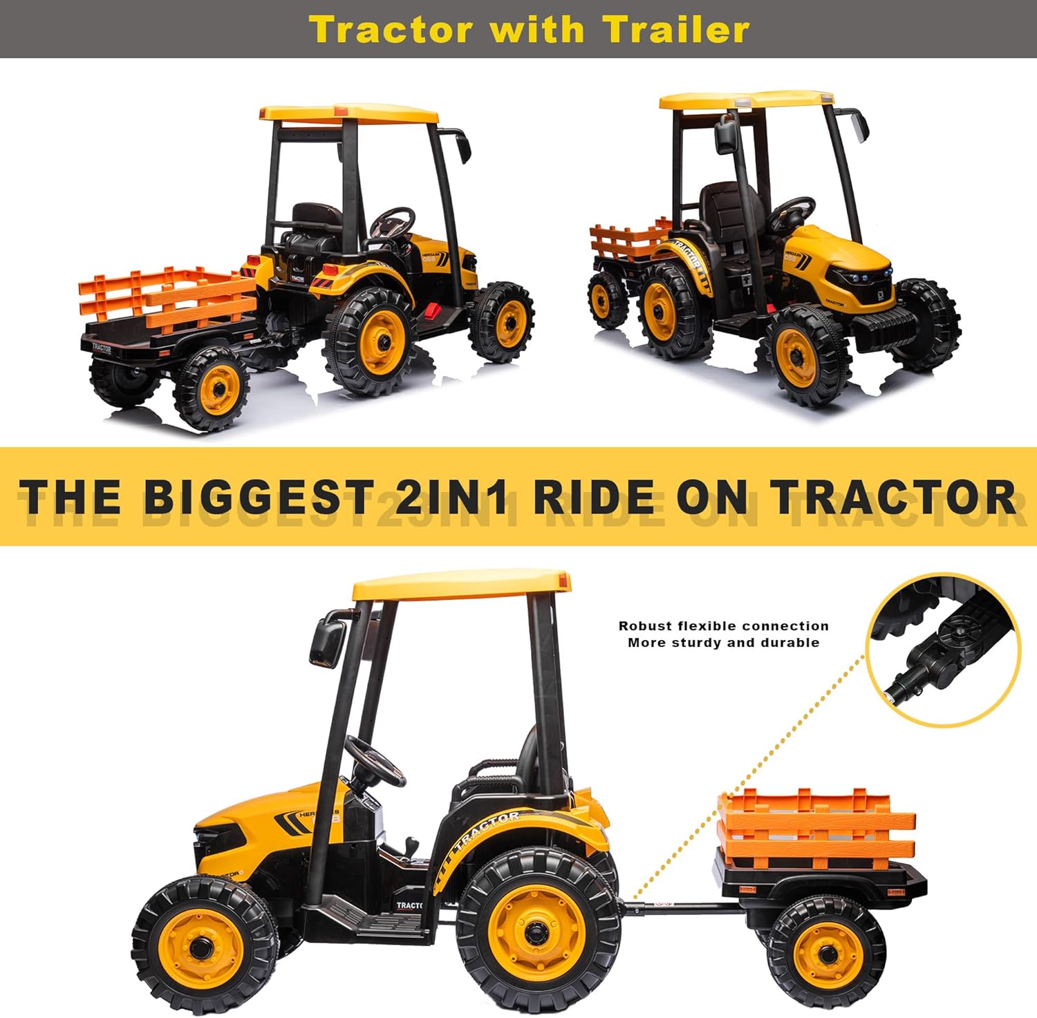 Tractor de paseo para niños, tractor de conducción de 24 V con remolque, juguete eléctrico a batería con motor doble, automóvil eléctrico para niños