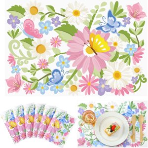 Zonon 36 manteles individuales de papel desechables de primavera y verano a granel de 16.5 x 11.8 pulgadas, diseño de mariposas y flores en colores Zonon 36 manteles individuales de papel desechables de primavera y verano a granel de 16.5 x 11.8 pulgadas, diseño de mariposas y flores en colores