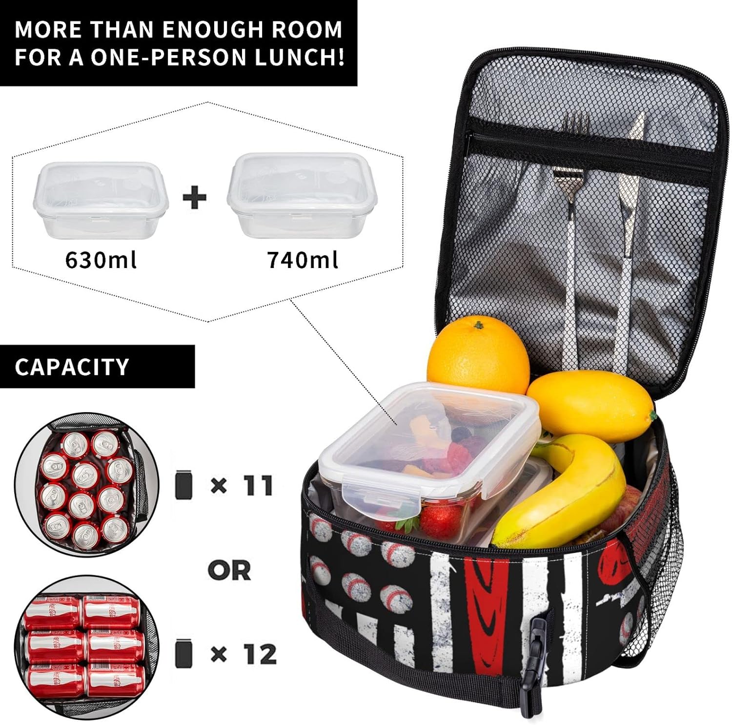 Lonchera de béisbol con bandera estadounidense, bolsa de almuerzo deportiva, reutilizable, bolsa de mano para mujeres y hombres, picnic y viajes