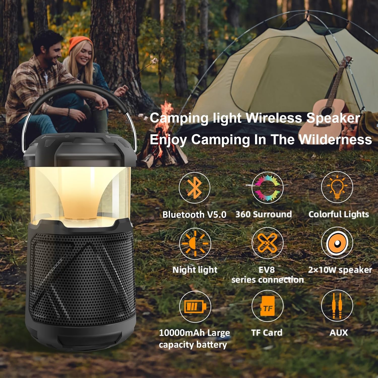Altavoces Bluetooth portátiles LED atmósfera linterna de campamento al aire libre, IPX6 impermeable altavoz inalámbrico con luces LED para patio,
