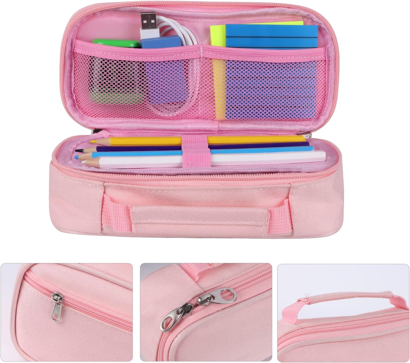Estuche organizador portátil de color rosa para lápices, de gran capacidad, para adultos, adolescentes y estudiantes, ideal para uso en la oficina y