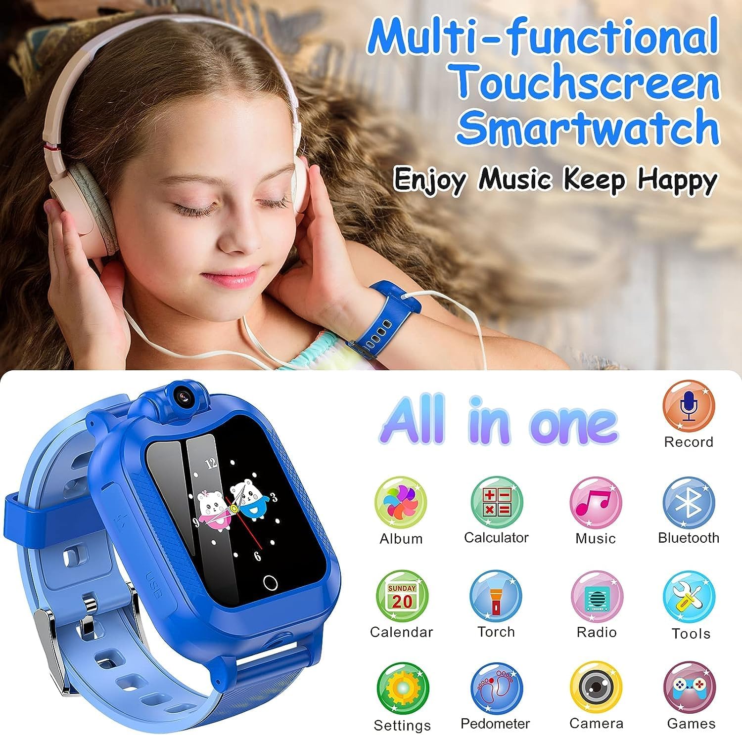 ASIUR Reloj inteligente para niños, regalos de cumpleaños, juguetes para niños de 3 a 8 años, reloj inteligente con tarjeta SD de 8 GB (azul)