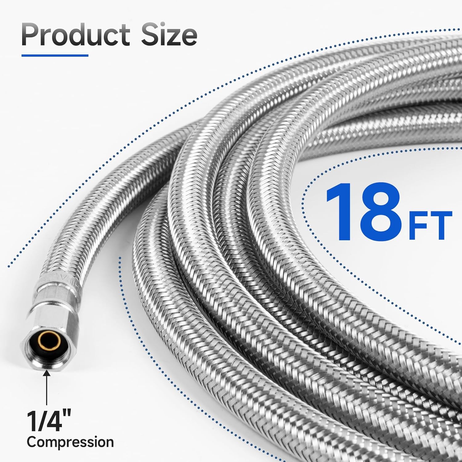 JUWO Línea de agua para refrigerador de 18 pies, conector de manguera de acero inoxidable de compresión de 14 pulgadas, para residencias de tamaño