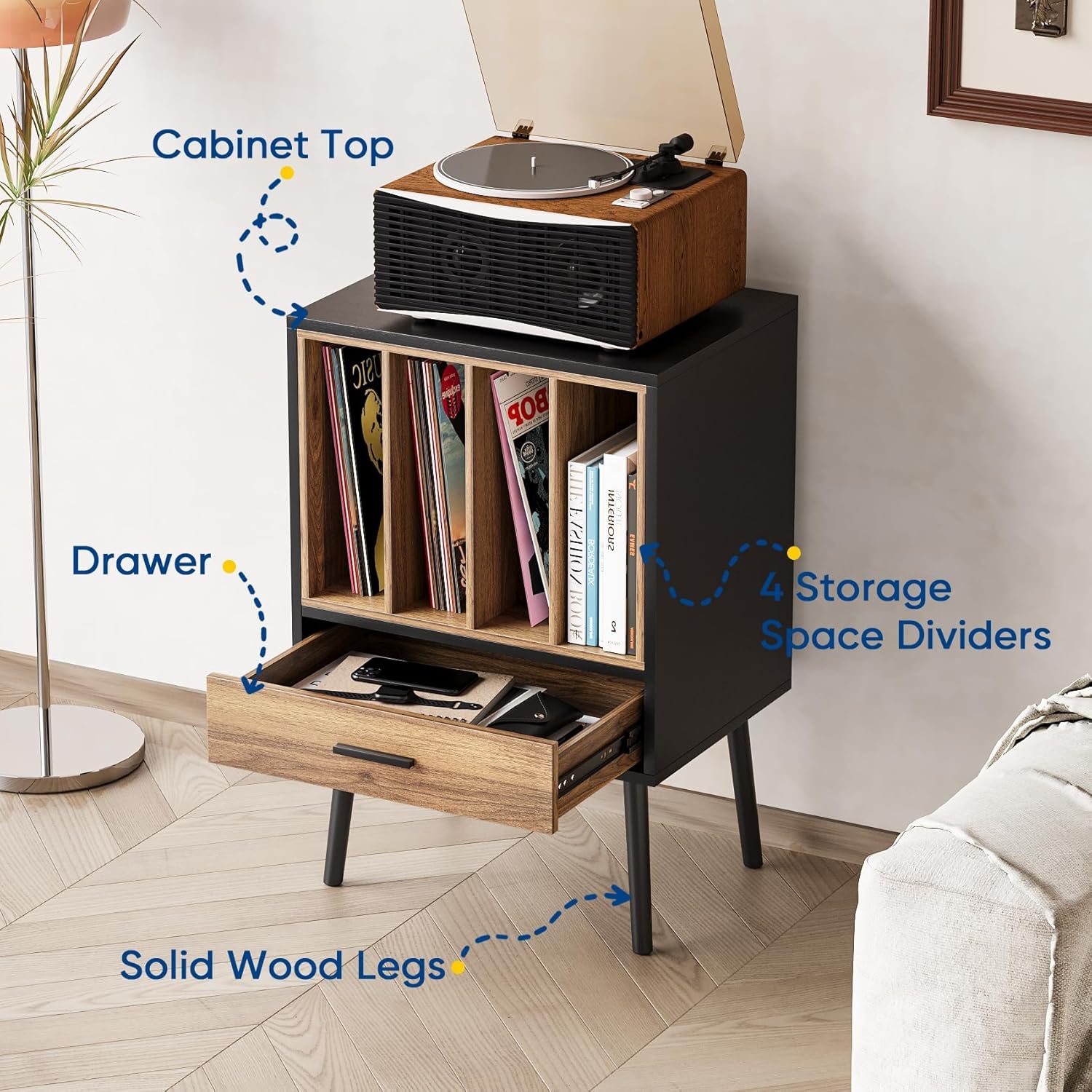 Semiocthome Soporte para tocadiscos con caja de almacenamiento de vinilo anidable, mesa para tocadiscos con cajón y patas de madera maciza, mesa