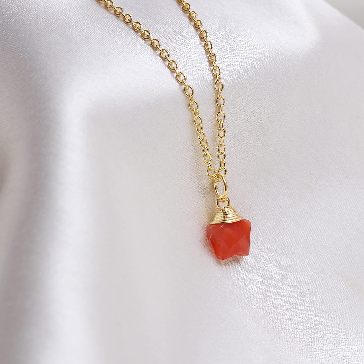 Gempires Natural Carnelian Star Pendant Necklace Handmade Jewelry 14k Yellow Gold Plated 16 + 2 Inch Adjustable Chain (Carnelian)