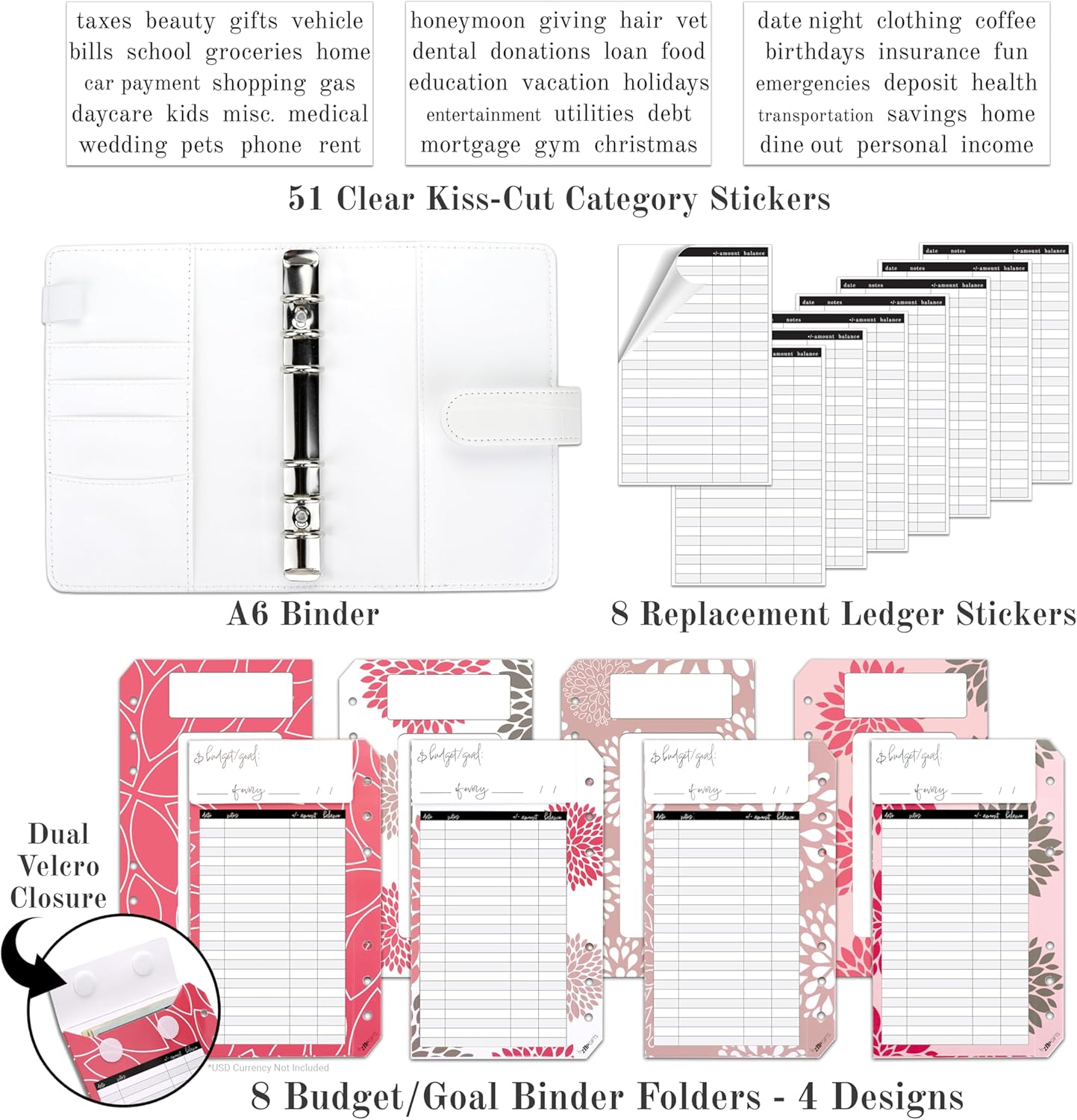 ZipGifts Kit de carpeta presupuestaria 8 sobres de cartulina premium con ventana transparente y sello de velcro, libro mayor trasero, 51