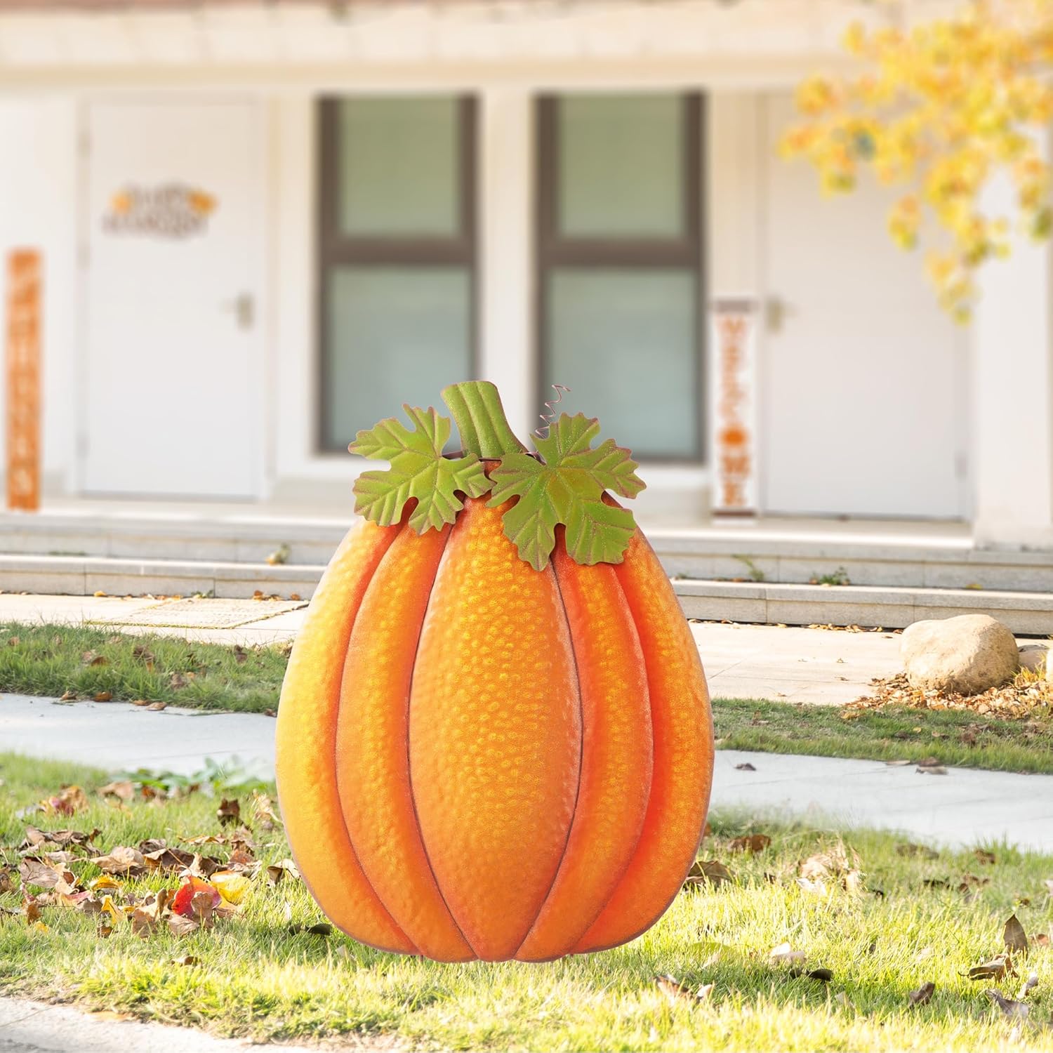Glitzhome Estaca de calabaza en relieve de metal de otoño de 37.75 pulgadas de alto, estacas de calabaza para jardín o letreros colgantes de