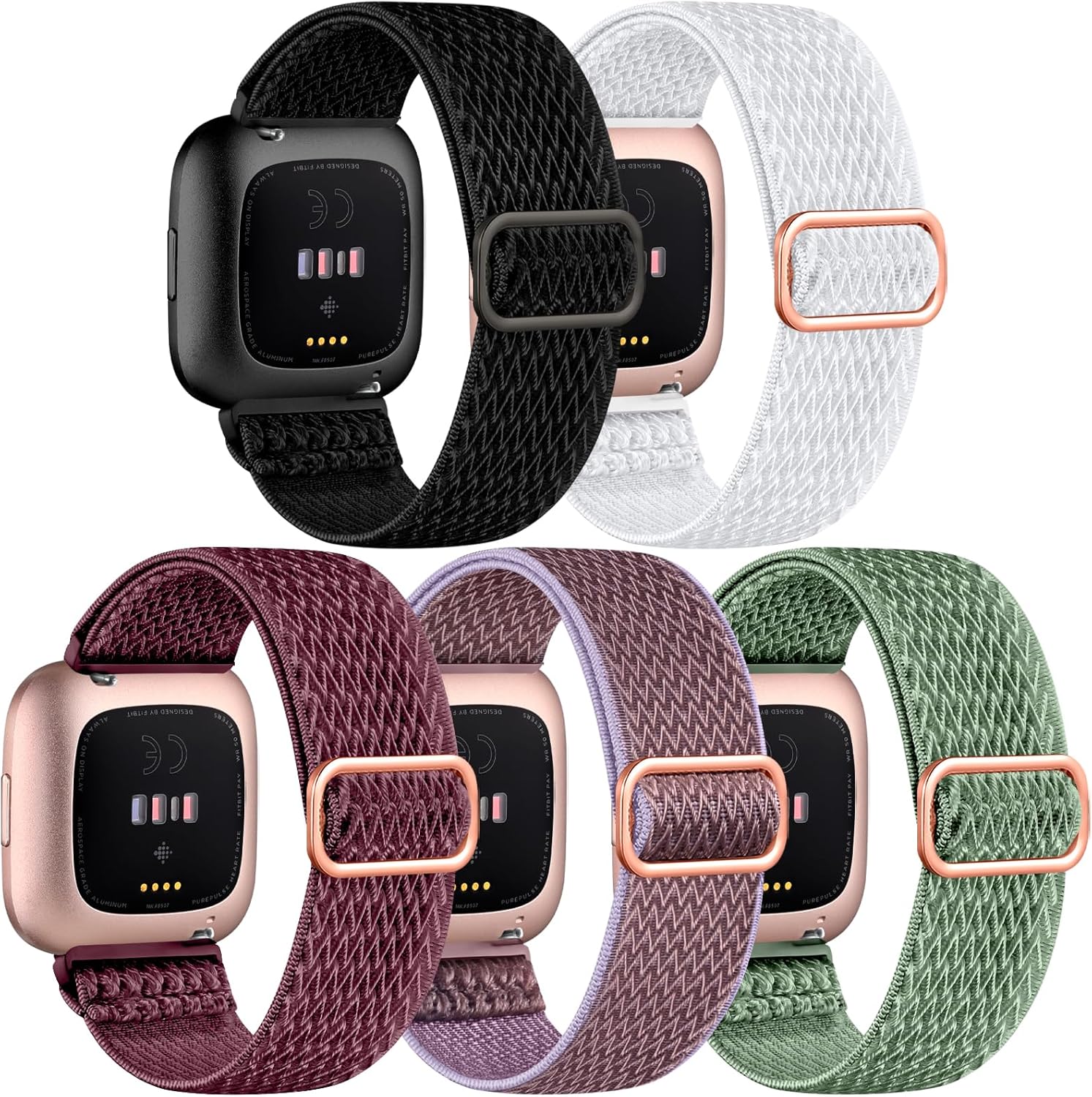 DaQin Correa elástica deportiva de nailon compatible con Fitbit Versa 2 correas de reloj para mujeres y hombres, paquete de 5 correas elásticas