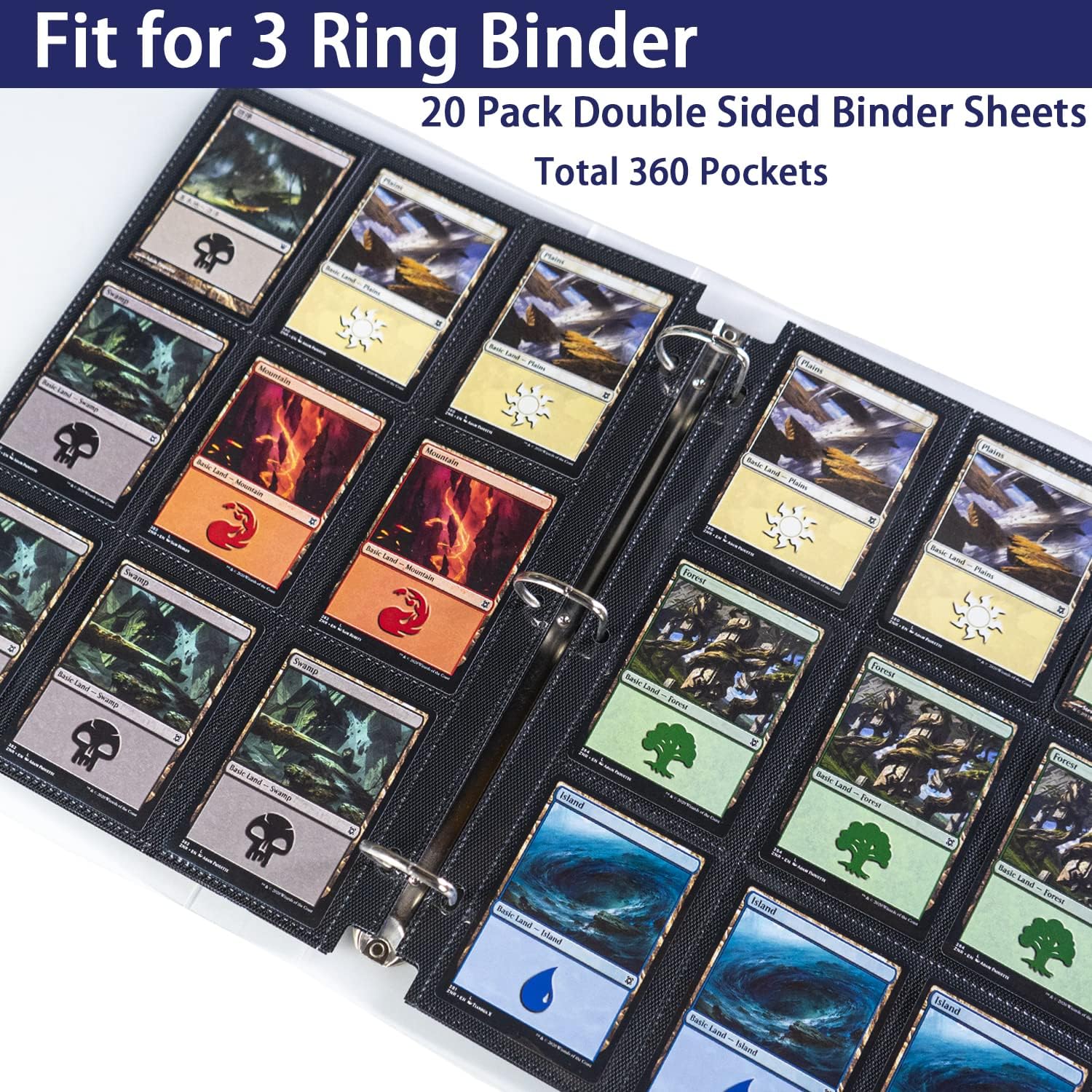 Paquete de 20 fundas negras de 360 bolsillos para tarjetas coleccionables, fundas gruesas de doble cara para tarjetas de juego para carpeta de 3