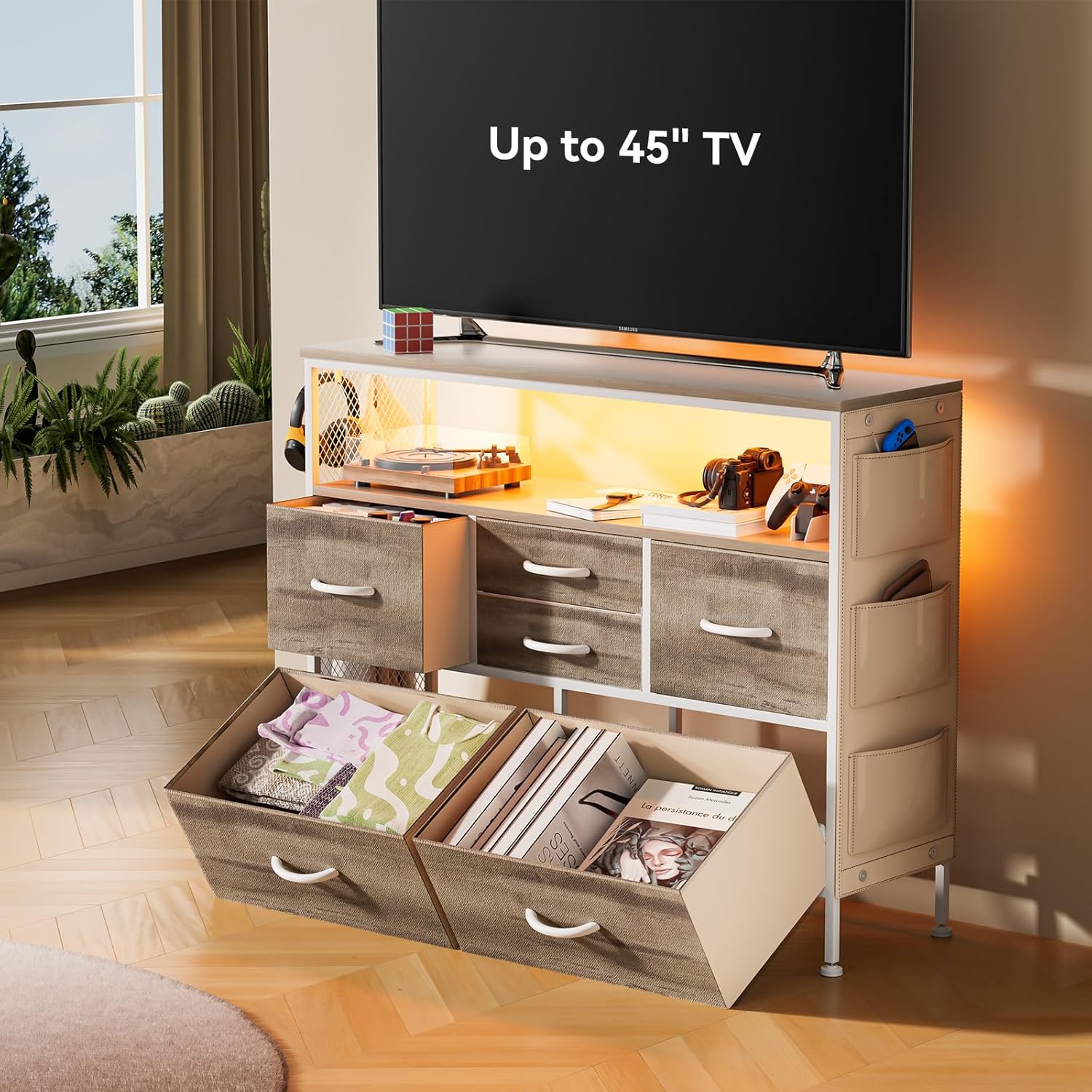 YILQQPER Cómoda para dormitorio, soporte de TV con tomas de corriente y luz LED, cómoda de 6 cajones con bolsillos laterales y ganchos, cómoda ancha