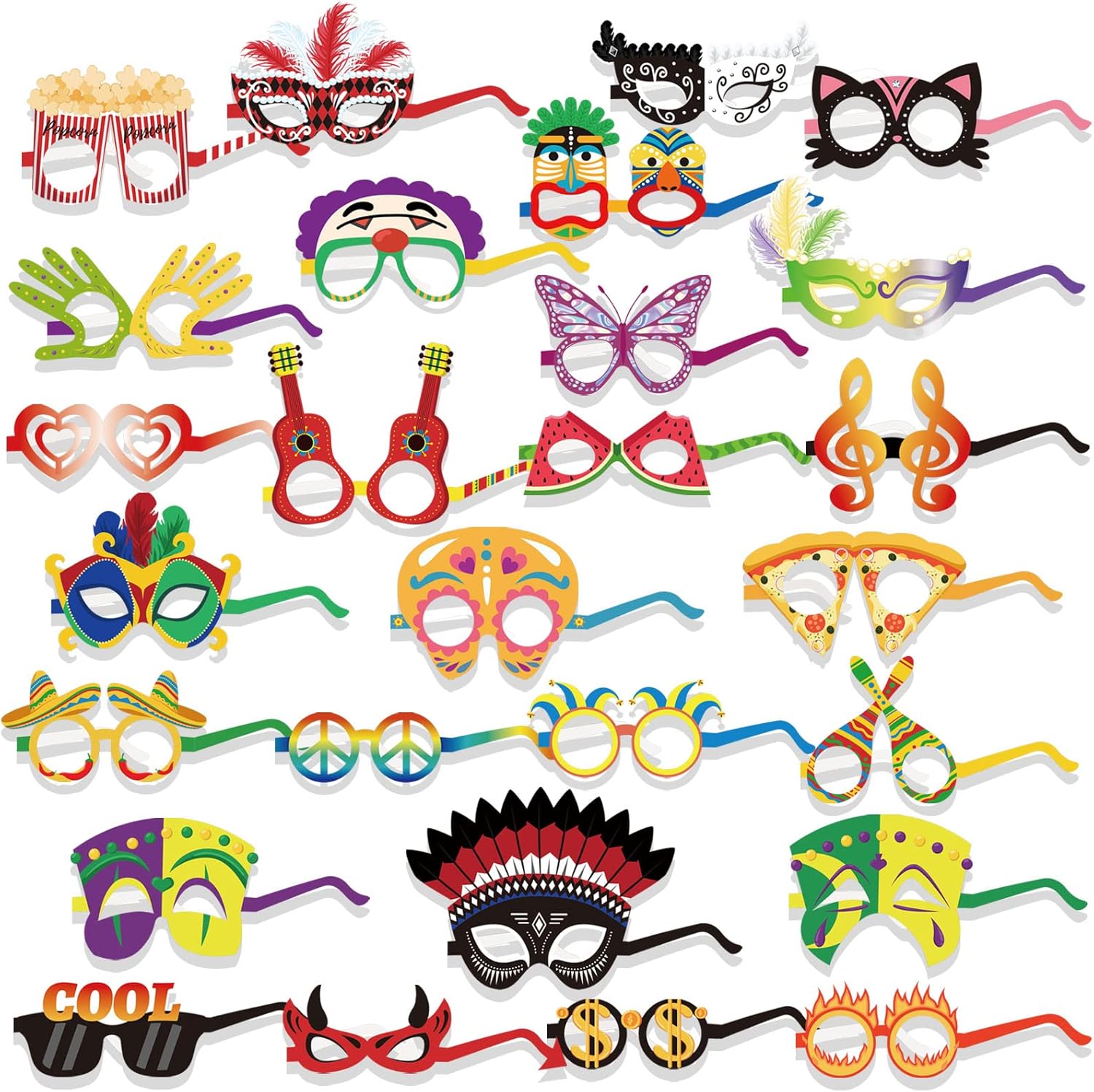 Máscara de Mardi Gras, gafas de papel para cabina de fotos, 27 piezas divertidas de carnaval de papel para adultos y niños, divertidos accesorios de