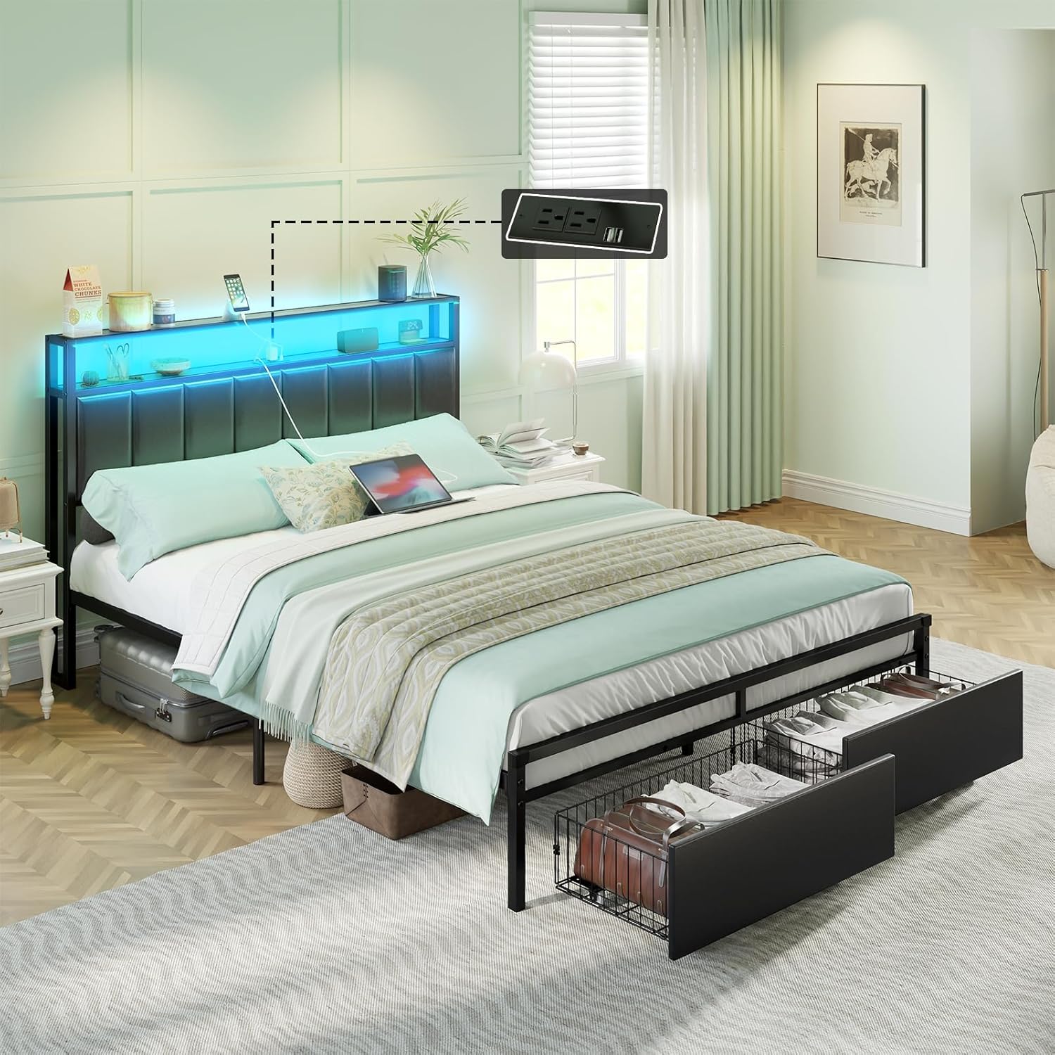 AMERLIFE Base de cama LED con cajones, marco de cama de plataforma completa con almacenamiento de 2 niveles y cabecera tapizada de cuero y estación