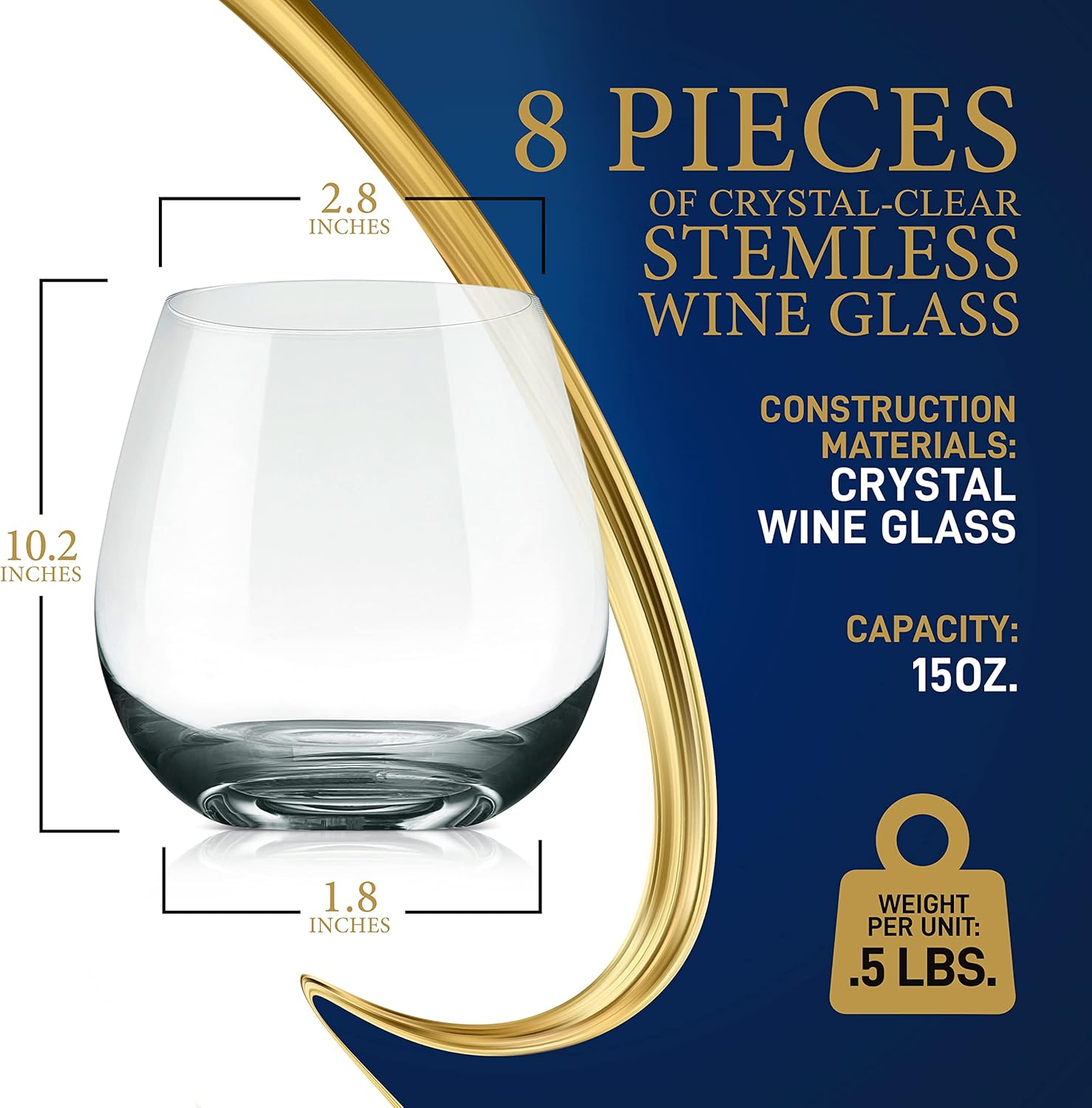NutriChef Copas de vino sin tallo de 15 onzas  Juego de 8 vasos de cristal transparente para vino rojo y blanco, ultrafino, elegante, sin plomo,