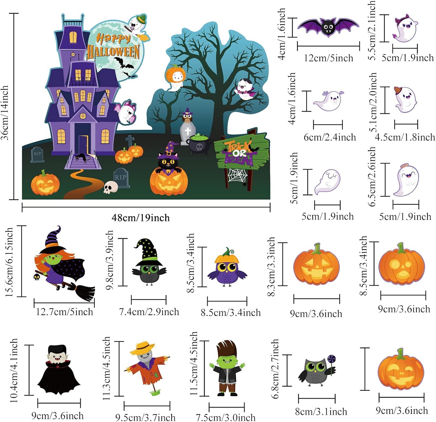 Decoración de tablero de anuncios de Halloween para el aula, recortes de papel, golosinas, calabaza, búho, gato, murciélago, bruja, fantasma,