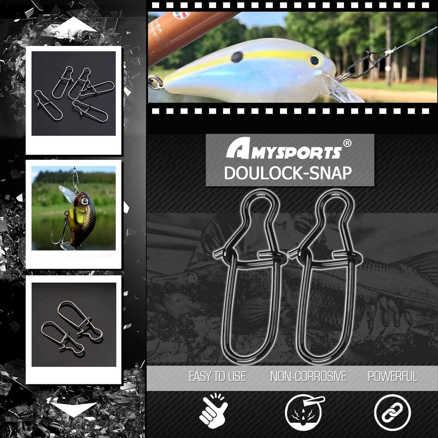 AMYSPORTS Clip de presión de pesca de alta resistencia, doble bloqueo giratorio de acero inoxidable de cambio rápido, broches de pesca de níquel