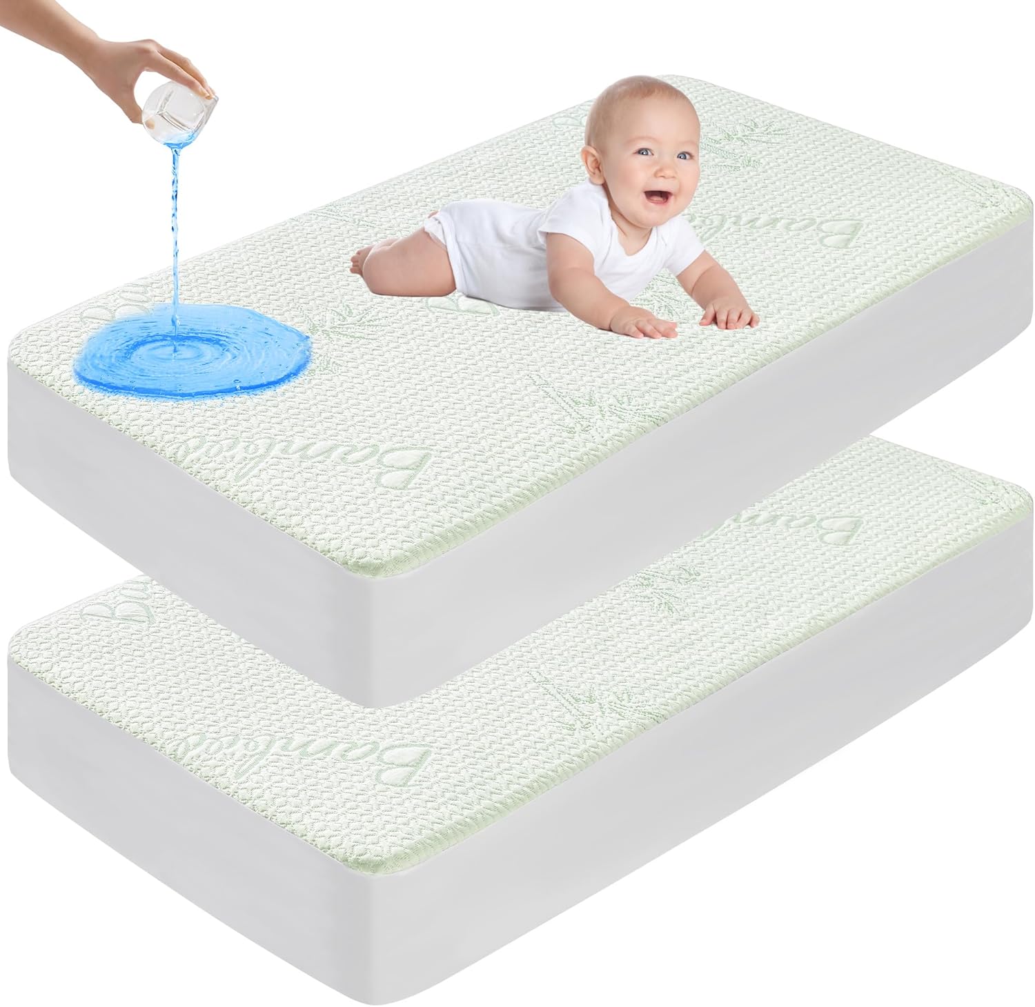 GOONIK Paquete de 2 protectores de colchón impermeables para cuna, viscosa de bambú, transpirable, funda de colchón para colchón de bebé con