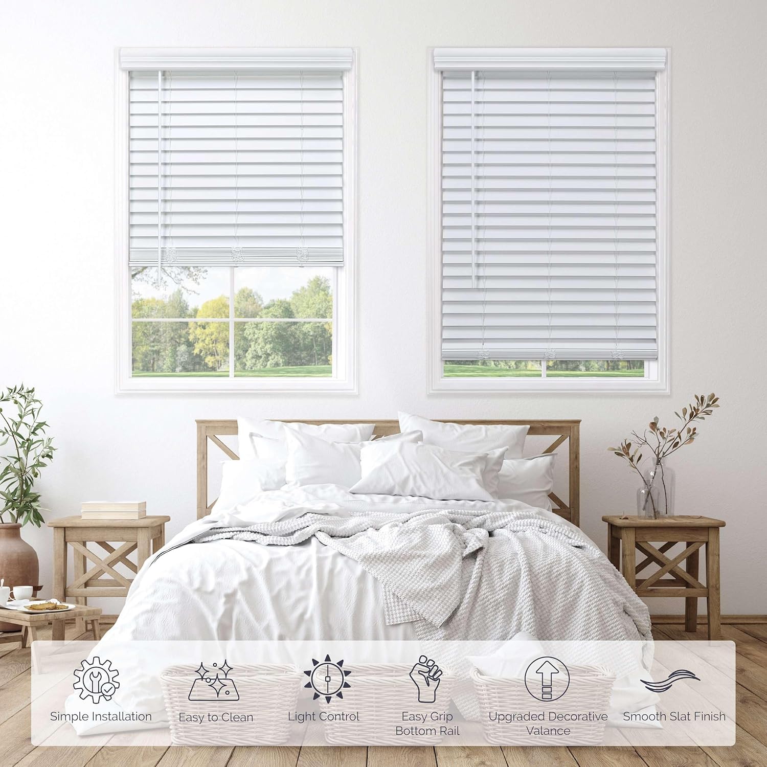 Linen Avenue Persianas de madera sintética blanca personalizables, inalámbricas, de 20 a 23 pulgadas de ancho x 68 pulgadas de alto, montaje